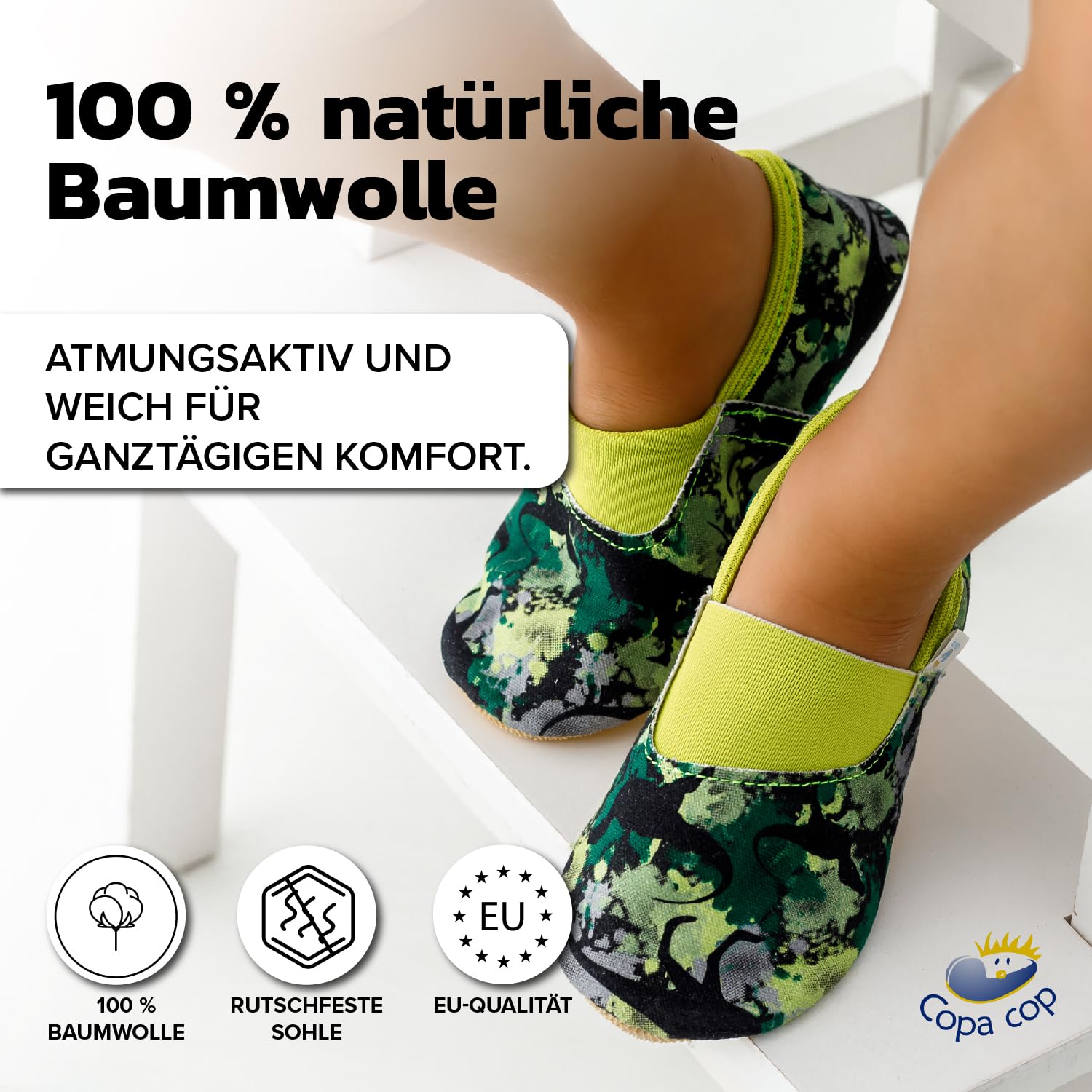 Turnschläppchen Jungen – Gymnastikschuhe Jungen aus 100% Baumwolle – rutschfeste Hausschuhe Kinder extrabreit mit Elastischem Einsatz und Gummisohle