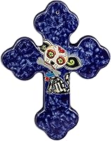 Vista 1 de NOVICA Cruz de pared de cerámica hecha a mano artesanal pintada con temática de perro azul México, cruces religiosos animales religiosos Halloween