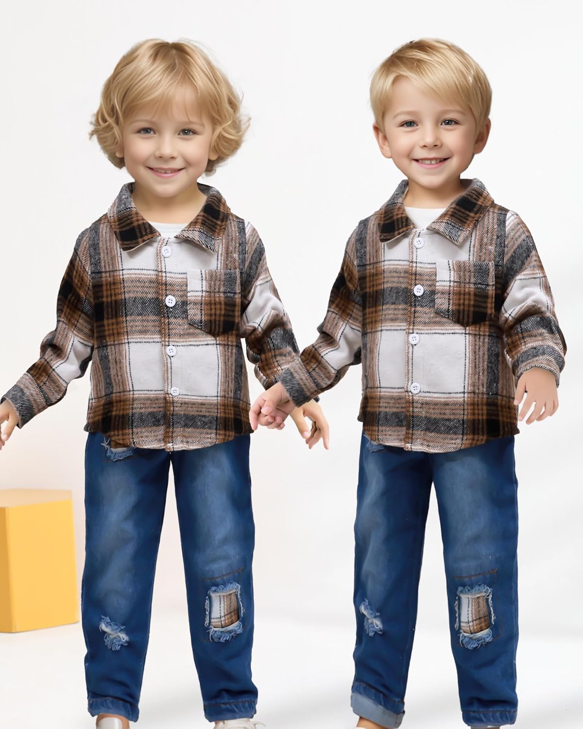 NZRVAWS Toddler Baby Boy Clothes Infant Plaid Pocket Shirt Denim Ripped Jean Pants Outfits Set 6-24 Months 2-5T - Image 2