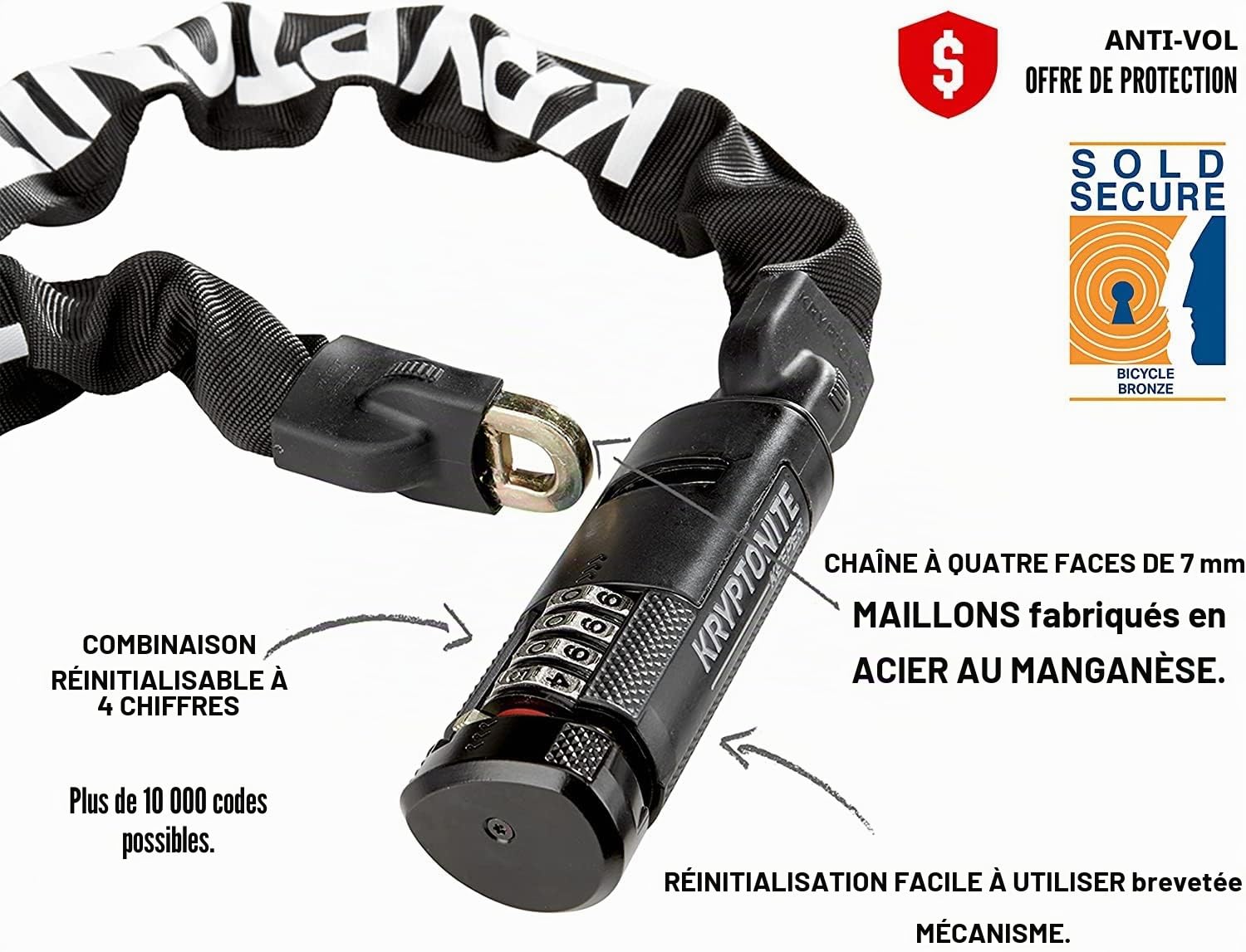 Kryptonite Keeper 712 Combo, Antivol Chaîne avec Combinaison à 4 chiffres | Acier au Manganèse Trempé de 7 mm, Niveau Sécurité 5/10, pour Vélos et Scooters, 2,04 kg, 120 cm