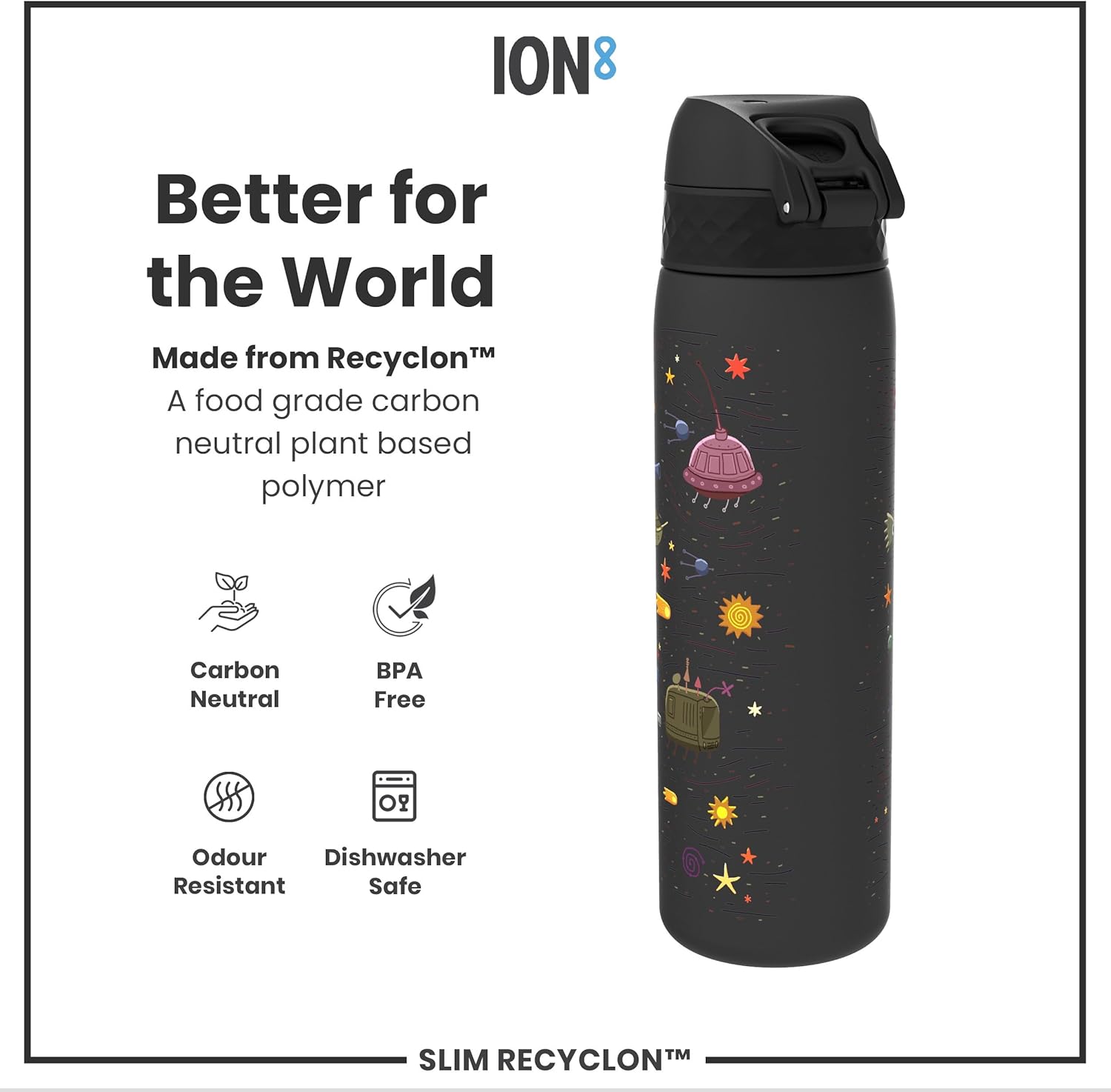Ion8 Water Bottle, 500 ml/18 oz, Leak Proof, Easy to Open, Secure Lock, Dishwasher Safe, BPA Free, Hygienic Flip Cover, Carry Handle, Easy Clean, Odor Free, Carbon Neutral, Black, Spaceships Design - Image 5