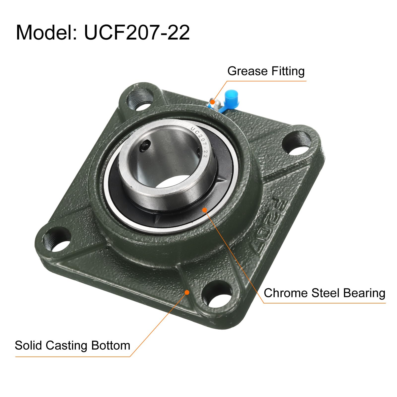 2pz UCF207-22 Cuscinetti a Blocchetto Cuscino con Foro 1-3/8 Pollici Autoallineanti, Cuscinetti Acciaio Cromato Montati Flangia Quadrata con Base Ghisa Solida