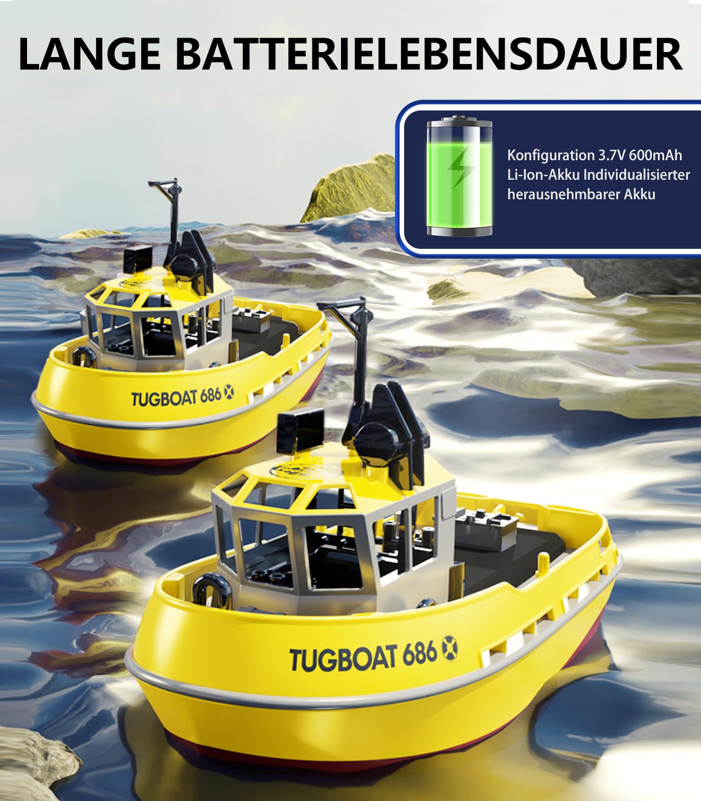 fisca Barco de control remoto - 1/72 Barco RC de alta velocidad para piscinas y lagos, remolcador RC con 40 minutos de tiempo de juego y recordatorio de batería para niños y adultos (Amarillo)