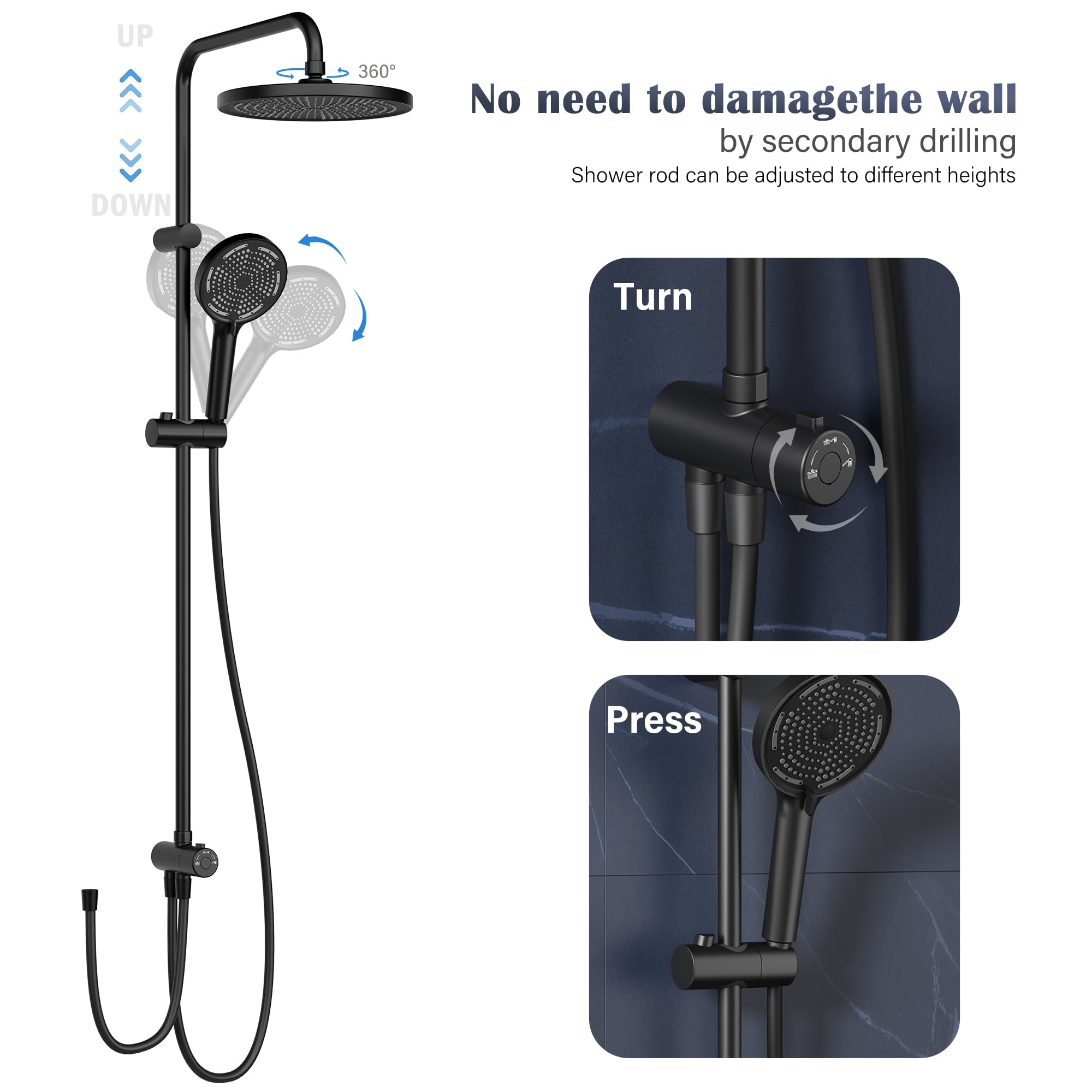 Brausegarnitur Duschsystem Regendusche Ø25cm Chrom, Höhenverstellbare Duschstange, Handbrause 3 Strahlarten, Wassersparend, Überkopfbrause-Set Für Bad, Anti-Kalk