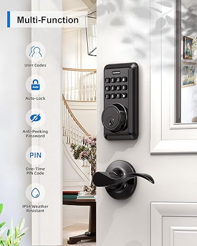 Miniatura 5 de Cerradura de puerta de entrada sin llave con 2 manijas de palanca, cerrojo de seguridad con teclado electrónico, juegos de manijas de cerradura de