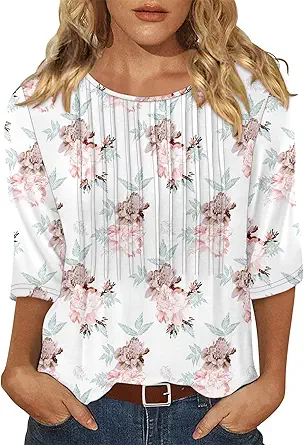 KISSMODA Tunic Tops for Women Loose Fit Dressy Round Neck Pleated 3/4 Length Sleeve Spring Tops