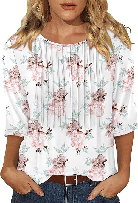 KISSMODA Tunic Tops for Women Loose Fit Dressy Round Neck Pleated 3/4 Length Sleeve Spring Tops
