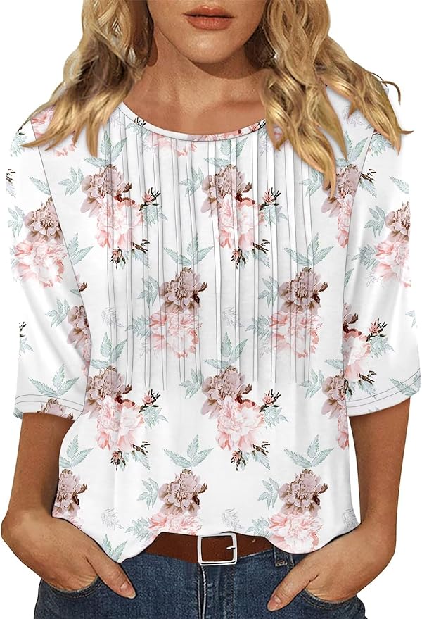 KISSMODA Tunic Tops for Women Loose Fit Dressy Round Neck Pleated 3/4 Length Sleeve Spring Tops