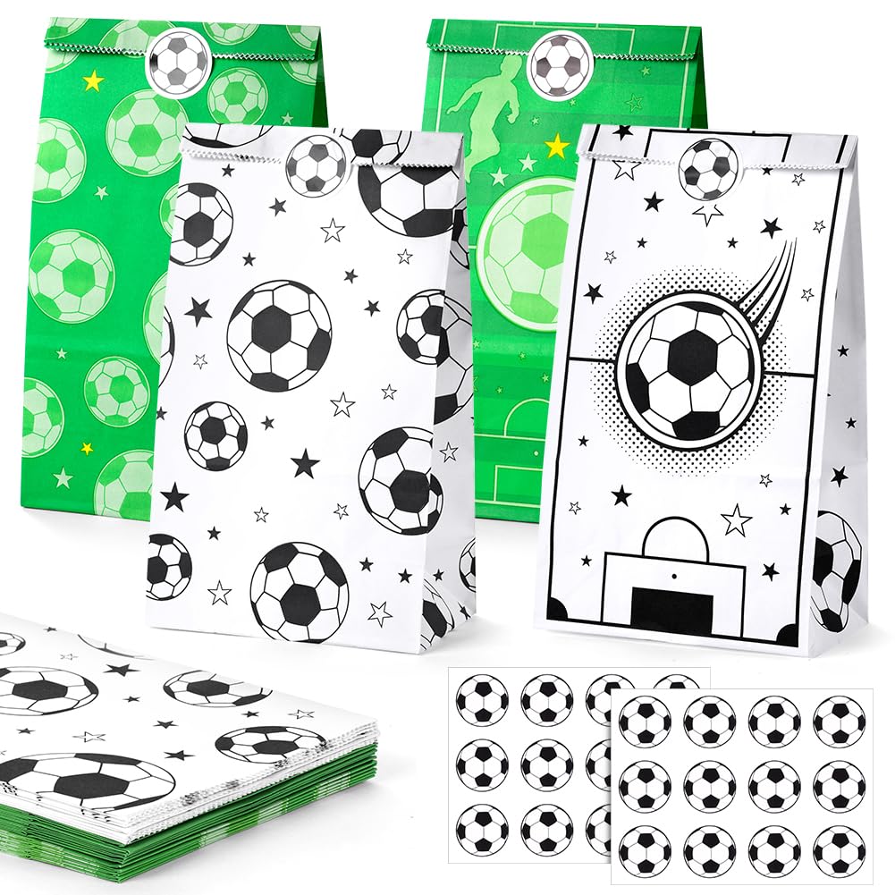 AOOWU Football Party Gift Bags, 20PCS Party Gift Paper Bag with 24 Stickers, Football Theme Bags Filler, Football Party Favors Snack Treat Bags, Soccer Gifts Bags for Kids Birthday, Football Party