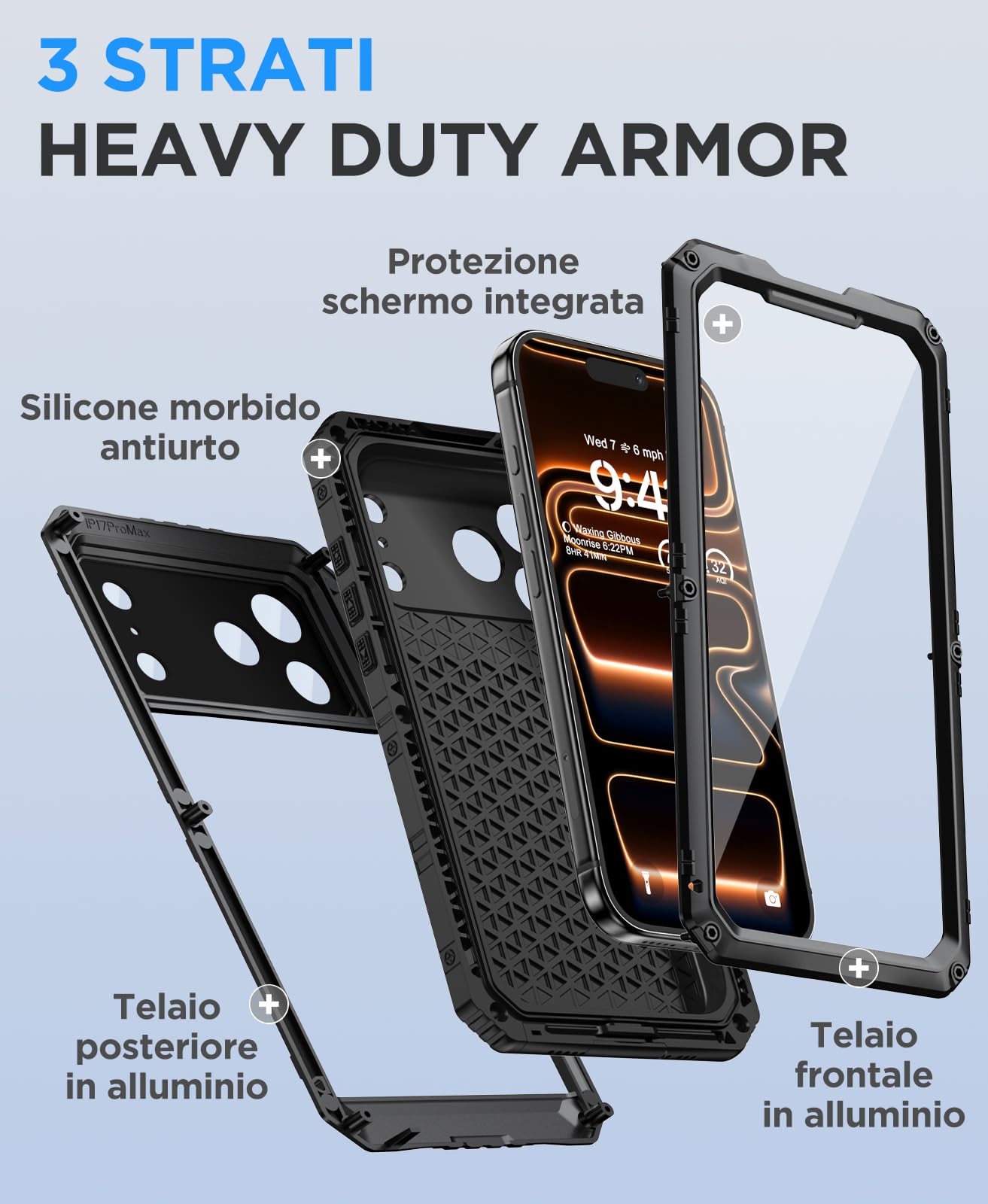 Beeasy Cover per iPhone 17 Pro Max IP68 Impermeabile Custodia Militare Antiurto Resistente 360° Metallo Armor Protezione Schermo Integrata Rugged Robusta Indistruttibile Subacquea Antipolvere Nero