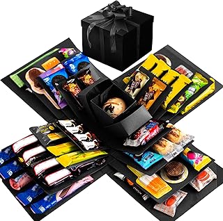 Pasdrucn DIY Explosion Gift Box, 5 Layer Snack Explosion Box with tape and ribbon, Scrapbooking Boxes, photo album, Photo Gifts, Creative Explosion Boxes for Anniversary,Birthday,Valentine\'s Day(Black