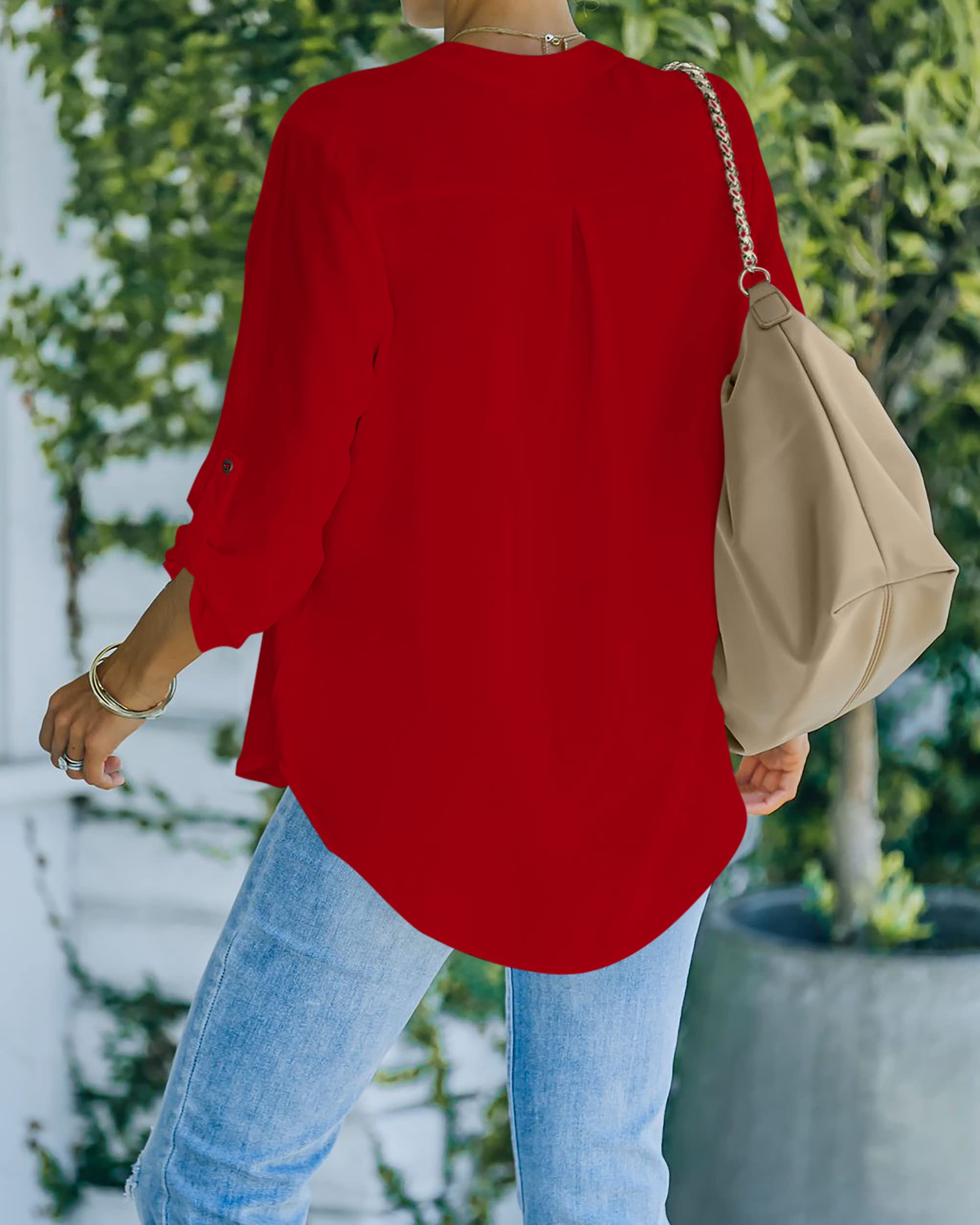 NONSAR Camicetta da donna Henley, elegante, con scollo a V, maniche arrotolabili, in stile casual