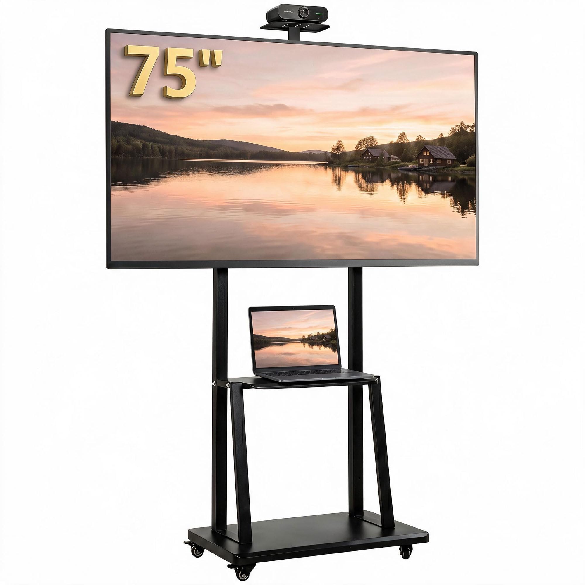 HOMCOM Supporto TV da Pavimento da 32-75 Pollici Max VESA 400x600 mm Nero | Carrello Porta TV, Altezza Regolabile, Ruote a Freno, Ripiano Multimediale, per Schermi LCD/LED/OLED, Carico Max. 50 kg