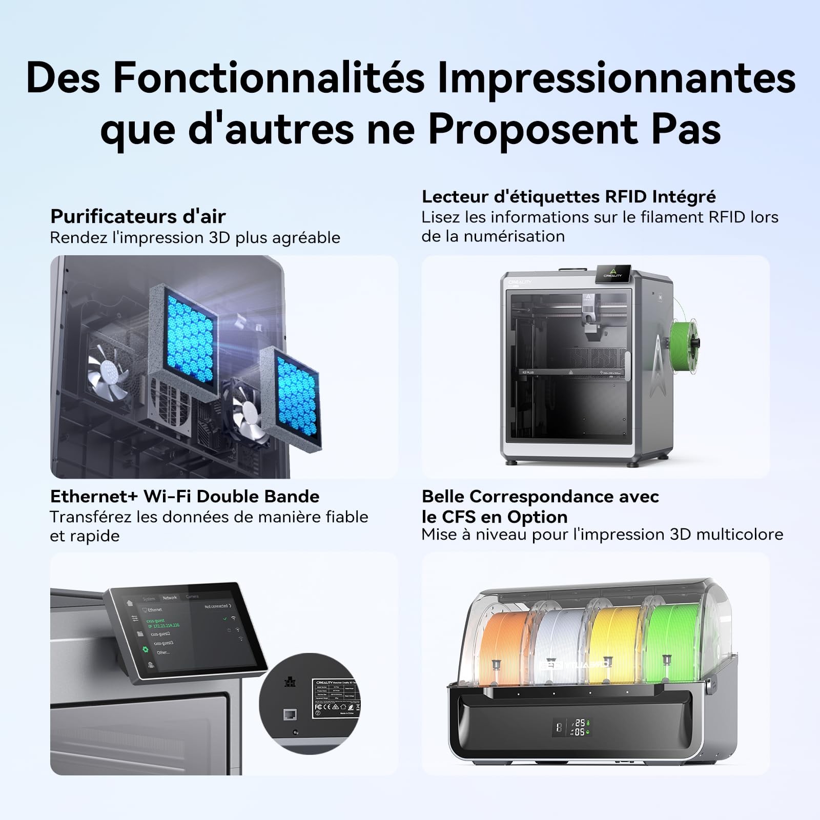 Creality K2 Plus Combo Imprimante 3D, Impression Multicolore avec CFS, 600 mm/s Haute Vitesse, Double Caméra Al, Mise à Niveau Entièrement Automatique, Volume de Construction 350 x 350 x 350 mm
