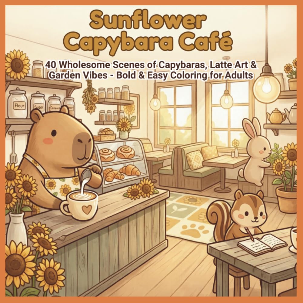 Sunflower Capybara Cafe: 40 Wholesome Scenes of Capybaras, Latte Art & Garden Vibes - Bold & Easy Coloring for Adults