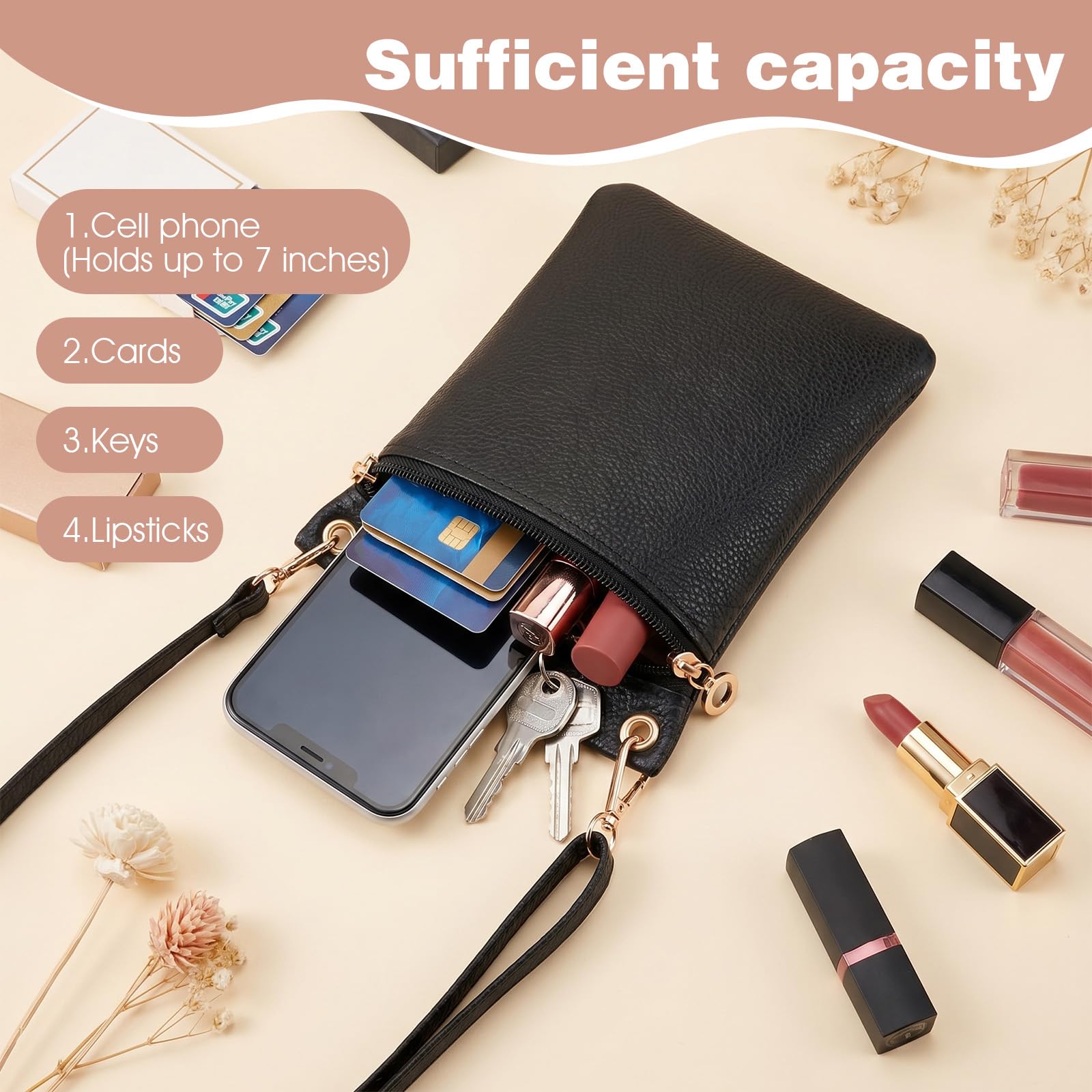 Torebka na telefon komórkowy, mała torba na telefon ze skóry PU, z paskiem crossbody, portfel na telefon crossbody, torebka na zakupy na zewnątrz, czarna