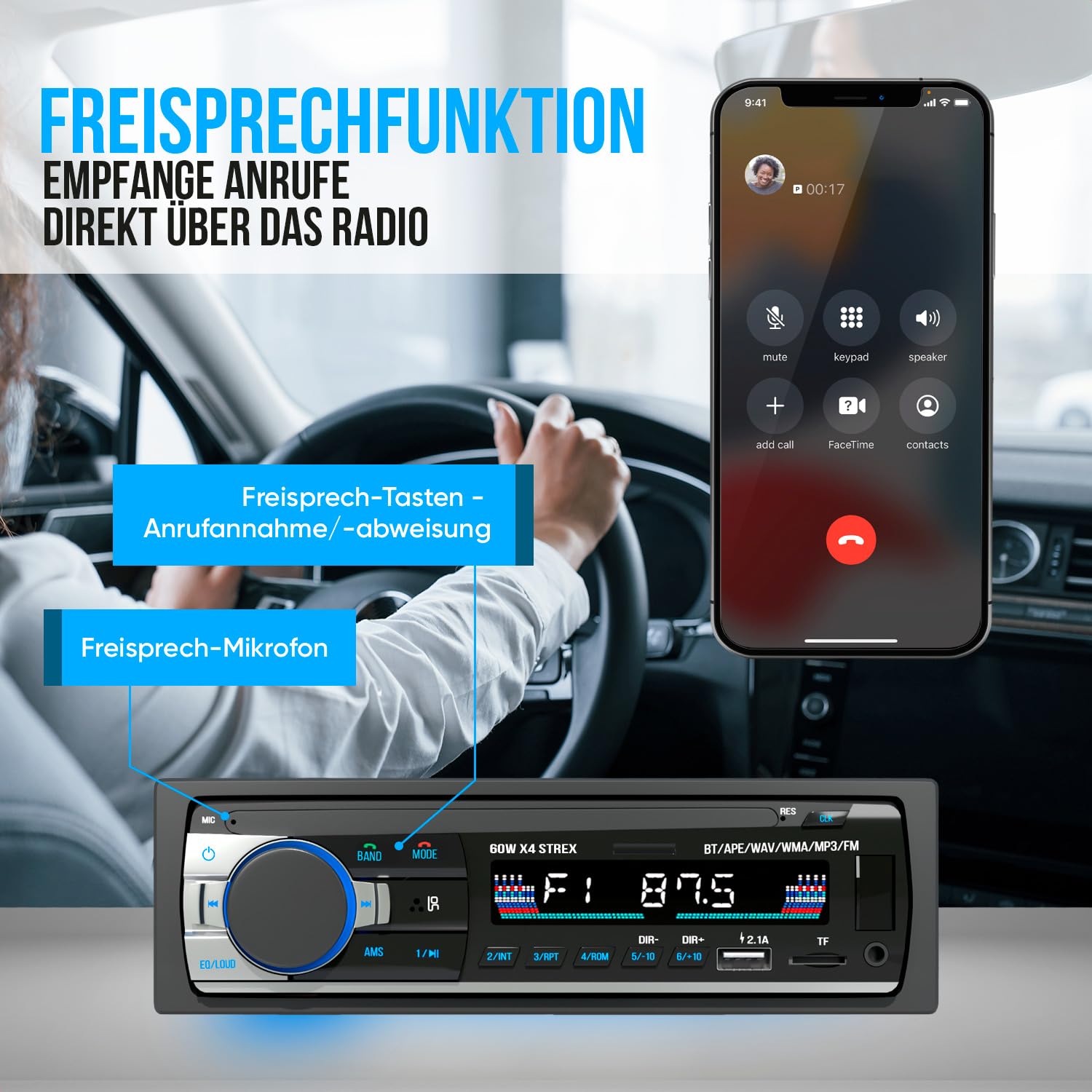 Strex Autoradio mit Bluetooth für alle Fahrzeuge - USB, AUX und Freisprecheinrichtung - Fernbedienung - EIN-DIN-Autoradio mit integriertem Mikrofon