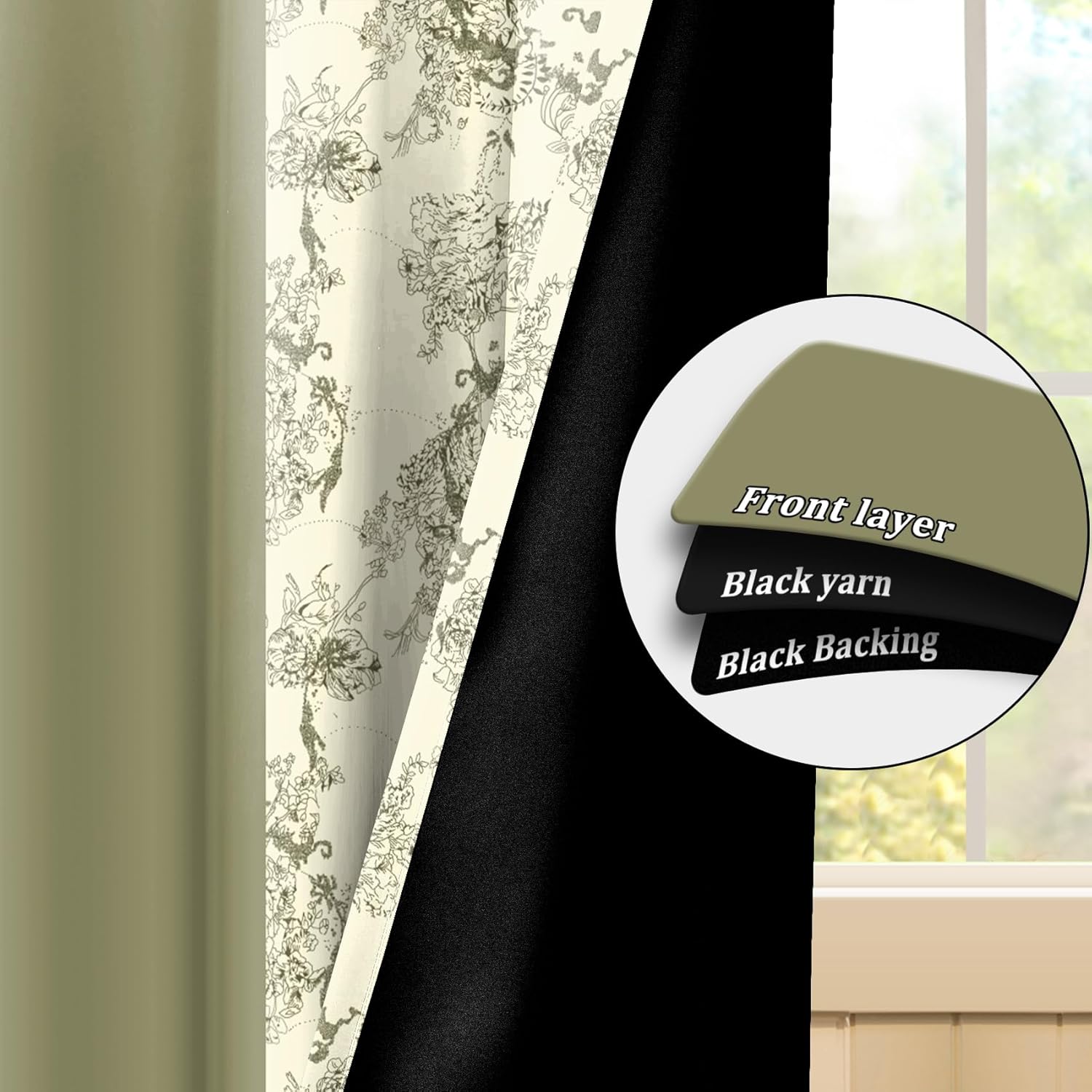 Renaiss 42 x 63 Inch Bedroom Blackout Curtains Half Solids Half Floral Printed Farmhouse Vintage Aesthetic Curtains French Country Grommet Green Window Treatment Farmhouse Drapes Black Liner 2 Panels