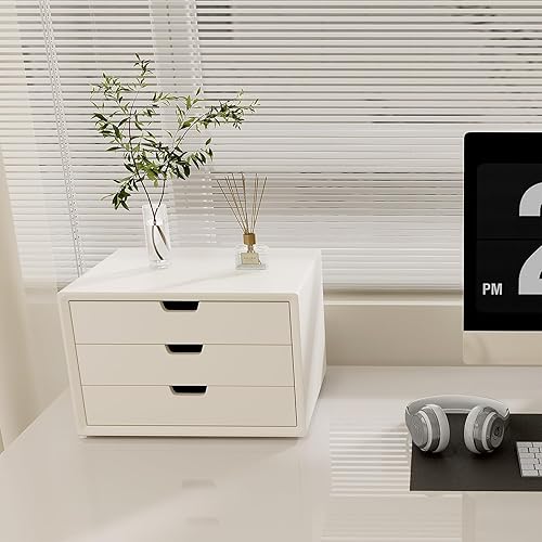 Miniatura 4 de ALEX - Organizador de escritorio con 3 cajones, elegante organizador de maquillaje cosmético de madera blanca para oficina, tocador, mesa,