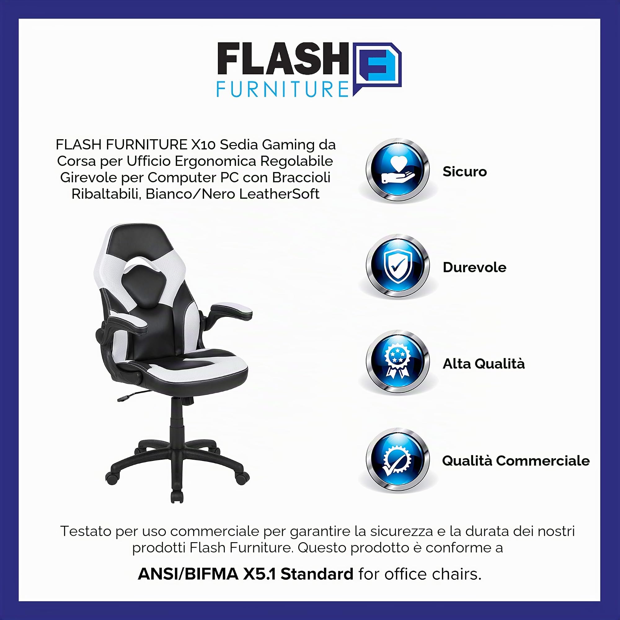 Flash Furniture Sedia ergonomica da gaming X10, sedia da ufficio per postazioni PC e gaming, sedia da gaming regolabile con schienale di supporto, in ecopelle, sedia da gaming bianca/nera