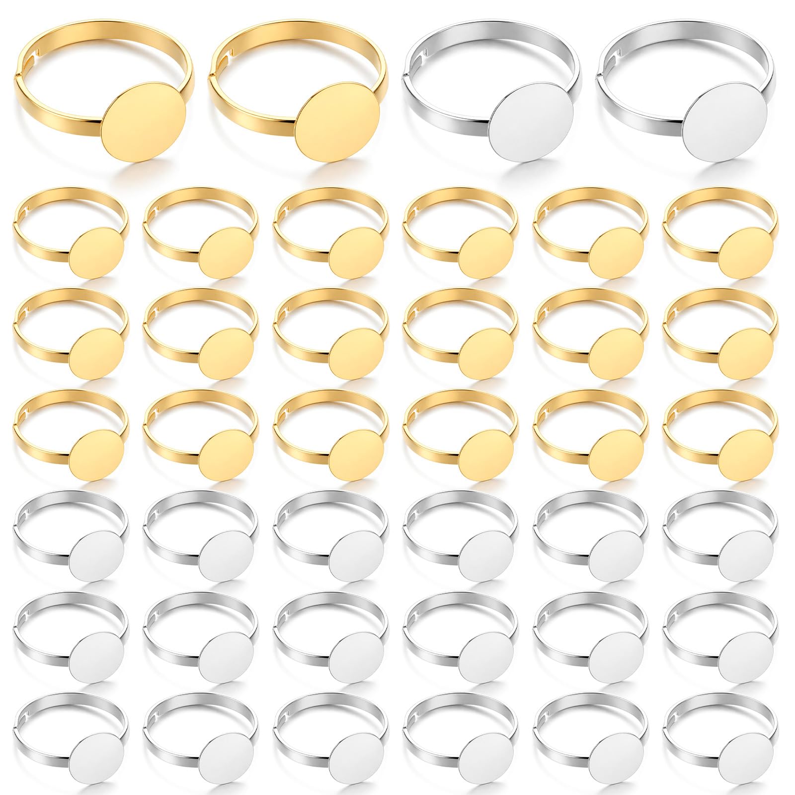 40 PCS Ring Blanks for Jewelry Making, Adjustable Flat Blank Ring Base, Metal Adjustable Ring Blank Making Supplies for Jewelry Making DIY Crafts(Gold, Silver)