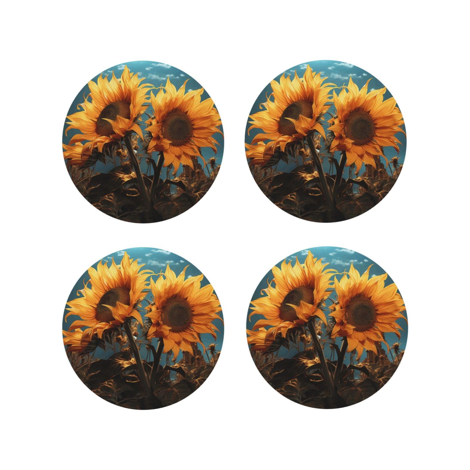 4pcs Drink Coasters for Tabletop Protection, 4" Leather Coasters for Drinks, Fantasy Sunflower Cup Coasters for Coffee Table Decor, Non-Slip Drinking Cup Mat for Hot Or Cold Drink