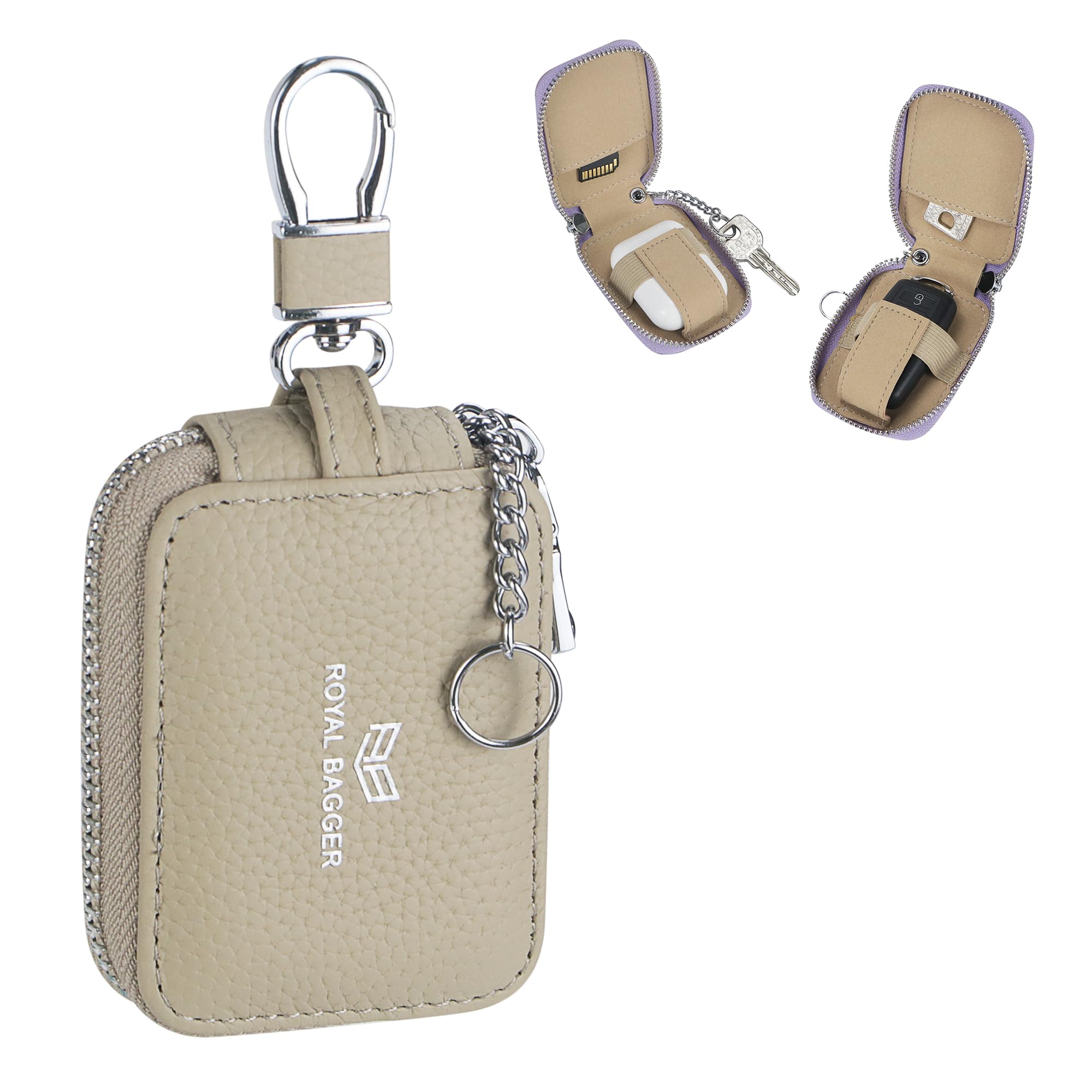 Royal Bagger Mini Kopfhörertasche Echtes Leder Zipper Key Wallet mit Schlüsselanhänger, tragbare Kopfhörertasche für Männer & Frauen 3901 (Hellgrau)