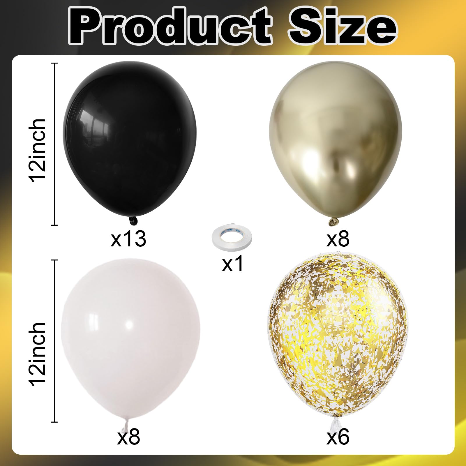 Schwarz-Weiß-Gold-Luftballons, 35 cm, 35 Stück, Schwarz und Weiß, Luftballons mit metallisch-goldenem Konfetti-Ballons für Abschlussfeier, Neujahr, Hochzeit, Ruhestand, Brautparty, Babyparty