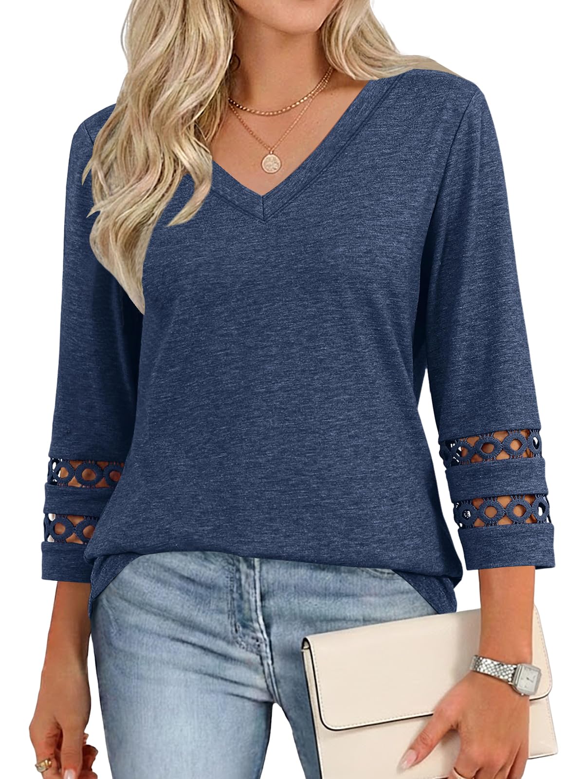 Cuptacc Bluse Damen V Ausschnitt Shirt Damen 3/4 Arm Elegant Oberteile Sommer Tunika Casual Basic Top