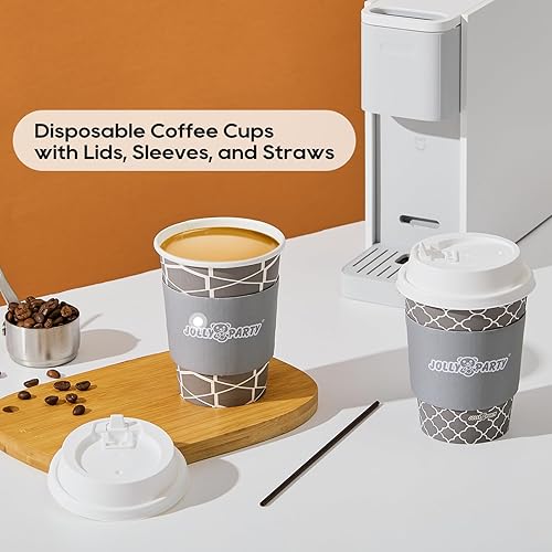Miniatura 6 de JOLLY PARTY [100 juegos] Tazas de café de papel de 12 onzas, tazas de café desechables con tapas, fundas y pajitas, taza para beber bebidas frías