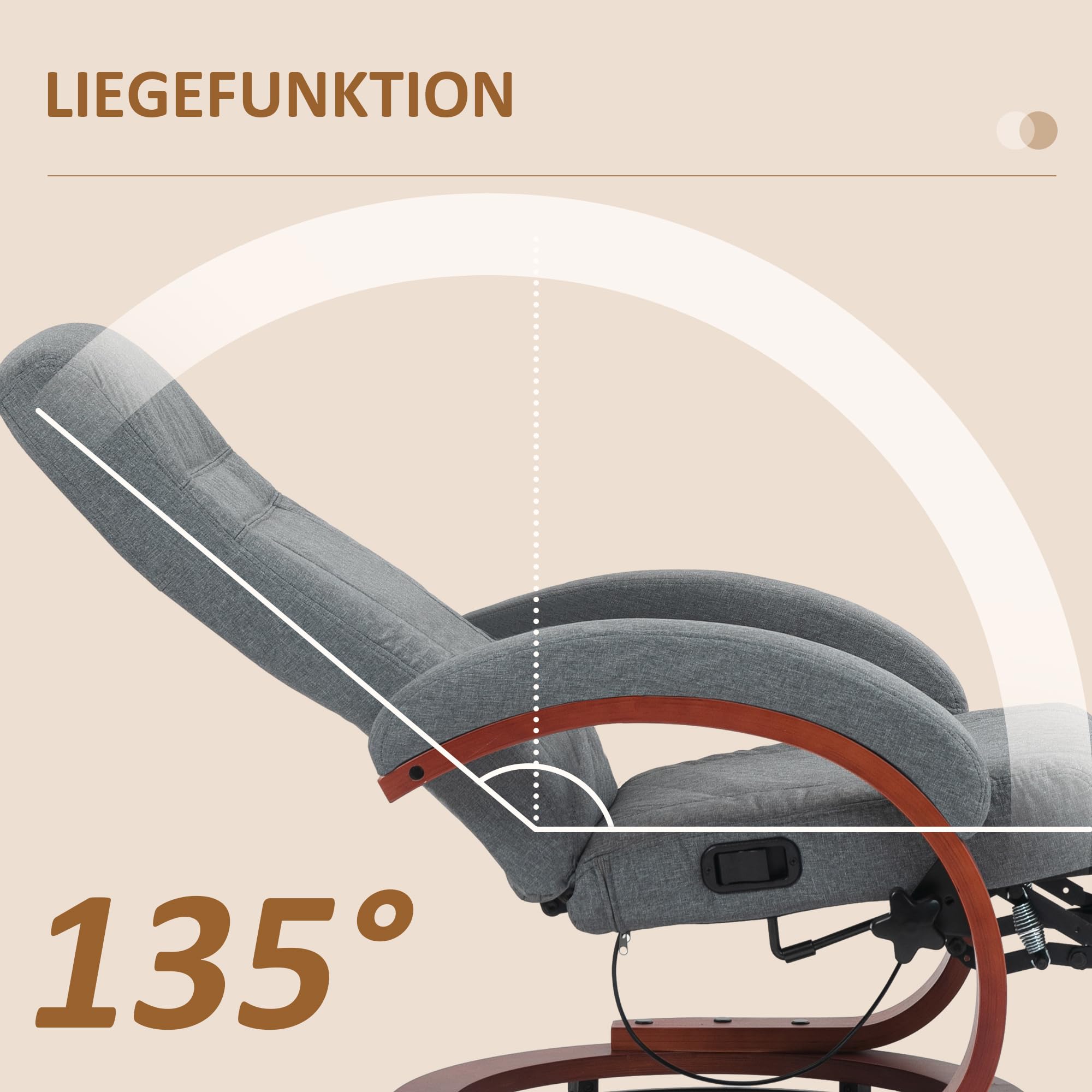 HOMCOM Relaxsessel mit Liegefunktion mit Hoher Rückenlehne Grau | Drehbarer Ruhesessel, mit Verstellbarer Rückenlehne, Liegesessel, Armlehne, bis 150 kg Belastbar, Kunstleder