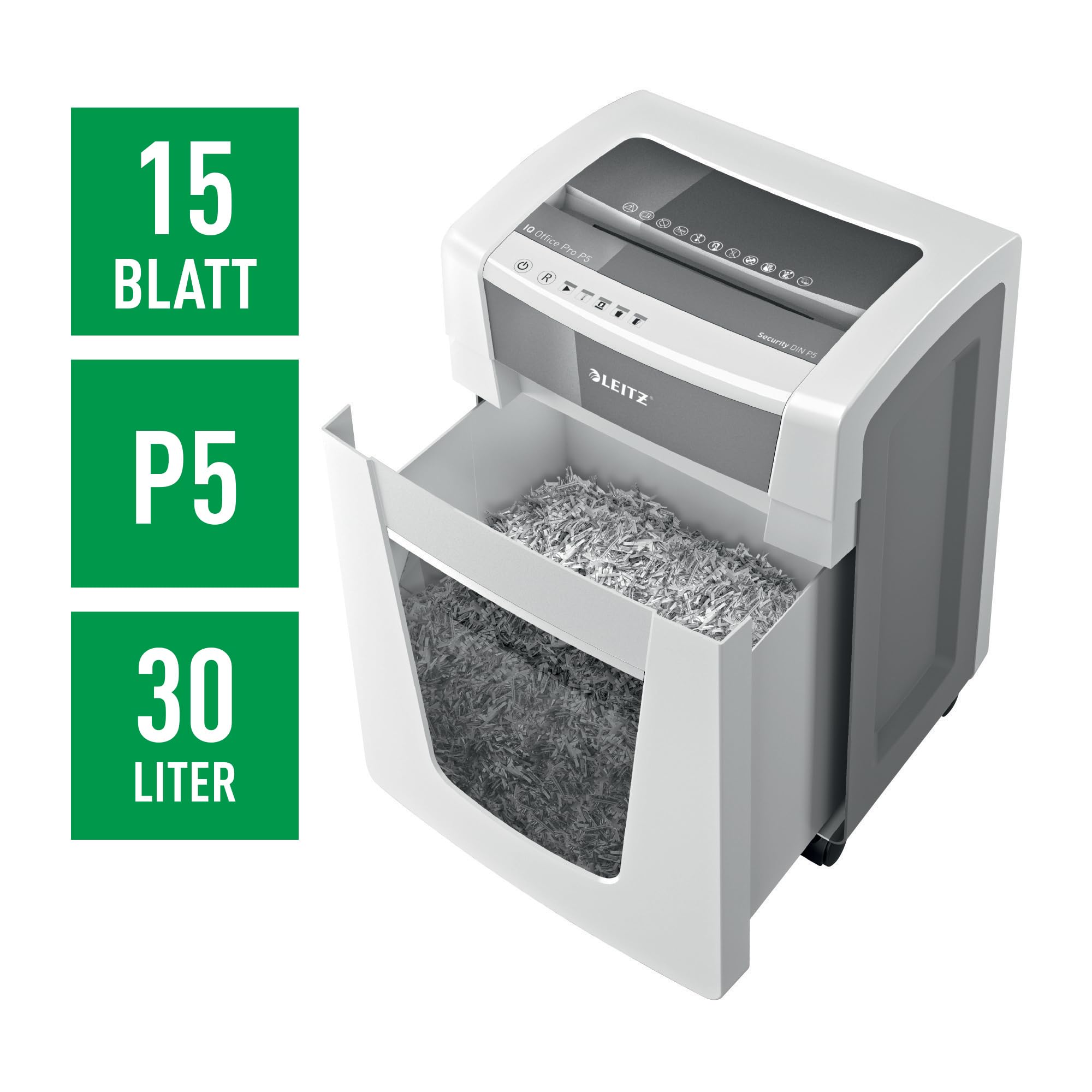 Leitz IQ Aktenvernichter Office Pro, Mikroschnitt Sicherheitsstufe P5, 17-15 Blatt (70-80 g/m²), TÜV+GS zertifiziert, 4 Stunden Dauerbetrieb, 30L Behälter, Sehr leiser Schredder für Büro, 80050000