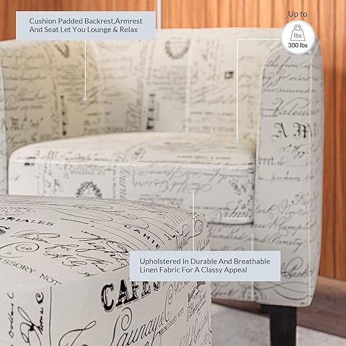 Miniatura 3 de Silla Belleze Accent Club con brazos redondos modernos y elegantes, con otomana, con espalda curvada, impresión francesa, de lino y piel sintética,