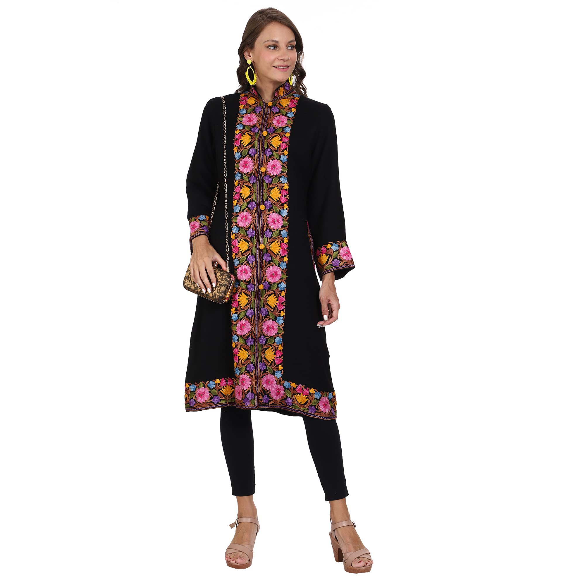 craftbazar Women's Kashmiri Embroidered Woolen Black Coat border design Multi-picture-16