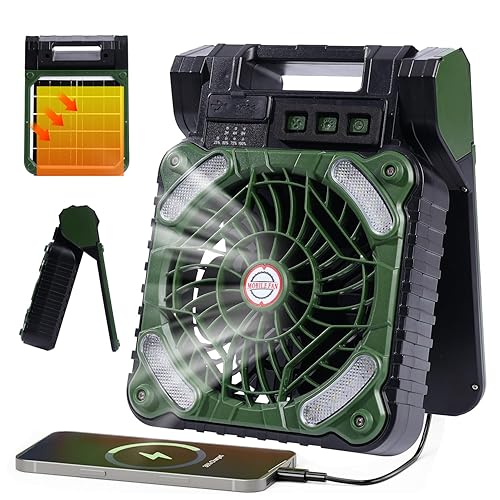 Solar Camping Battery Powered Fan with Led Light,10000mAh Rechargeable solar-powered Panel Fans Portable, 36H Run Time Max, Ventilador Recargable Outdoor Desk Fan for Travel Tent Office(Green)