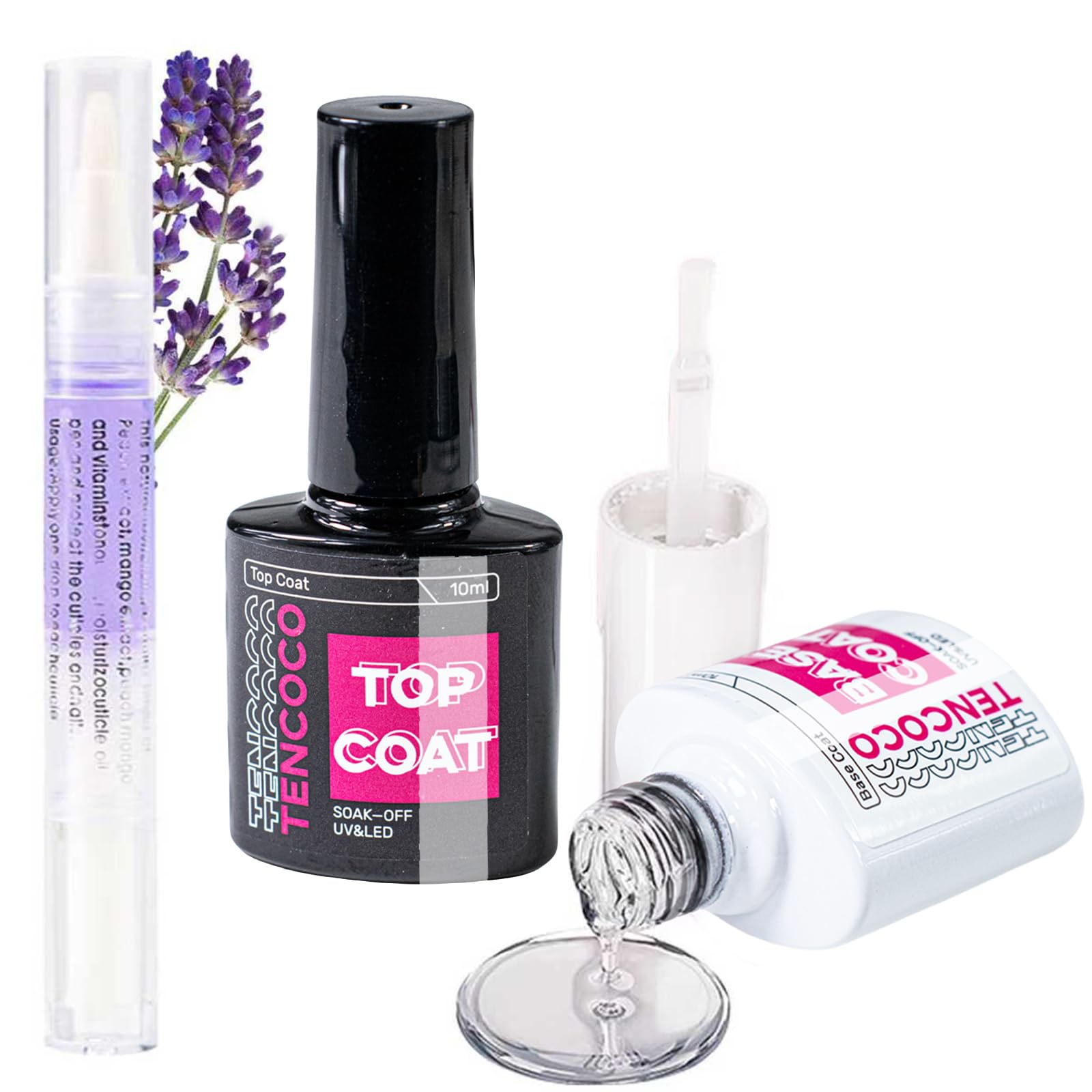 CENBEII Gel Nail Polish Set: No Wipe Top Coat/Base Coat/Rose Cuticle Oil Pen, 2 Bottles Multi Purpose Acrylic Nail Kit