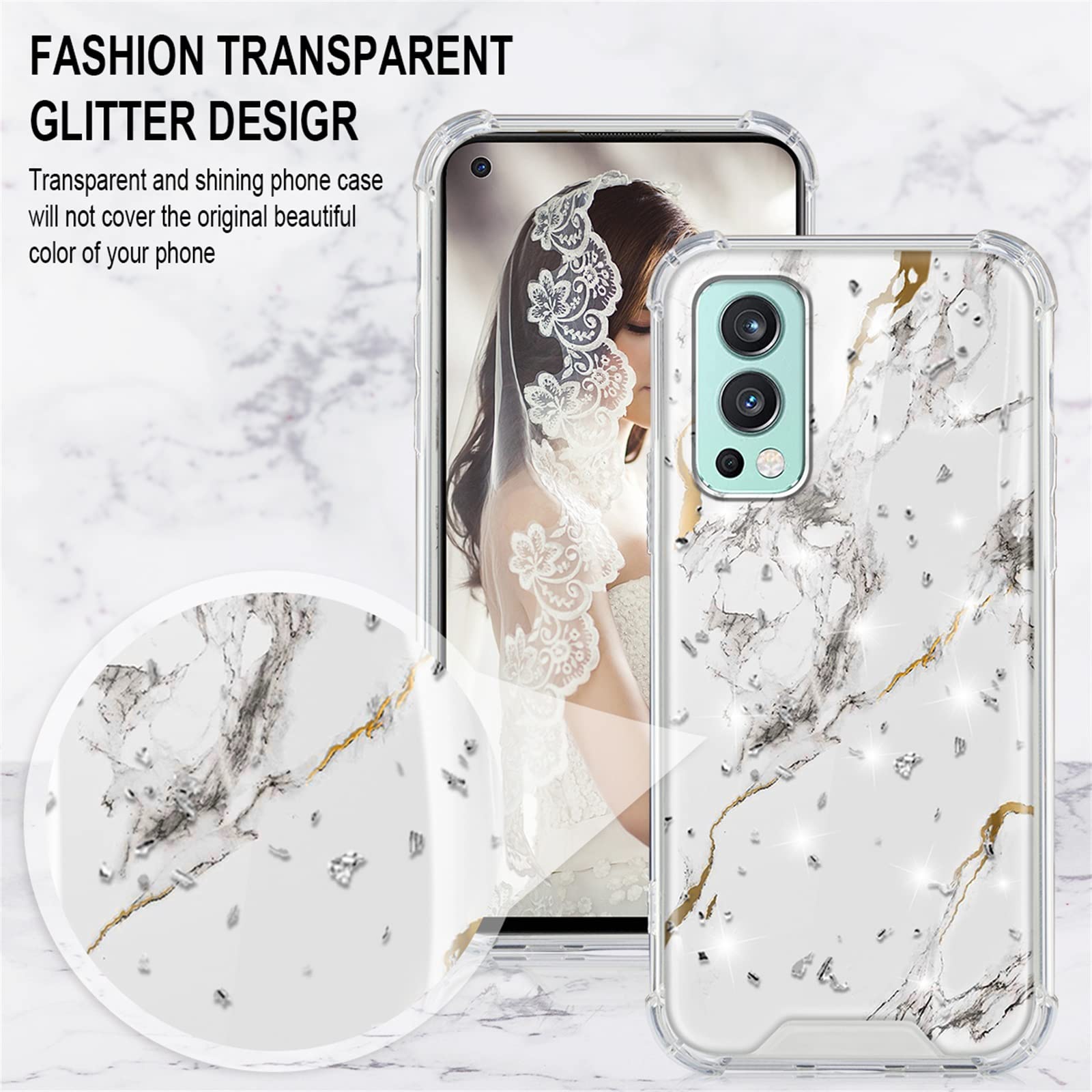 Vauki Cover OnePlus Nord CE 5G con CordinoTrasparente Marmo Glitter