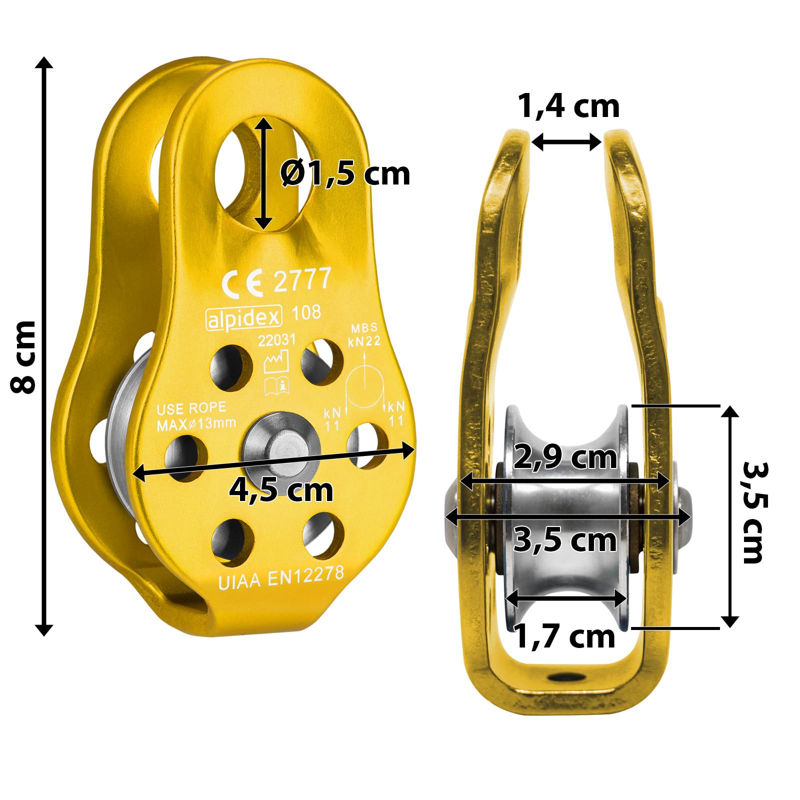 ALPIDEX Poulie de Renvoi 22 KN | Fix Pulley | Poulie de Mouflage | Norme EN12278 | Câbles Jusqu'à 13 mm Diamètre | Palan à Câble | Treuil Guide Câble | Oulies de Levage