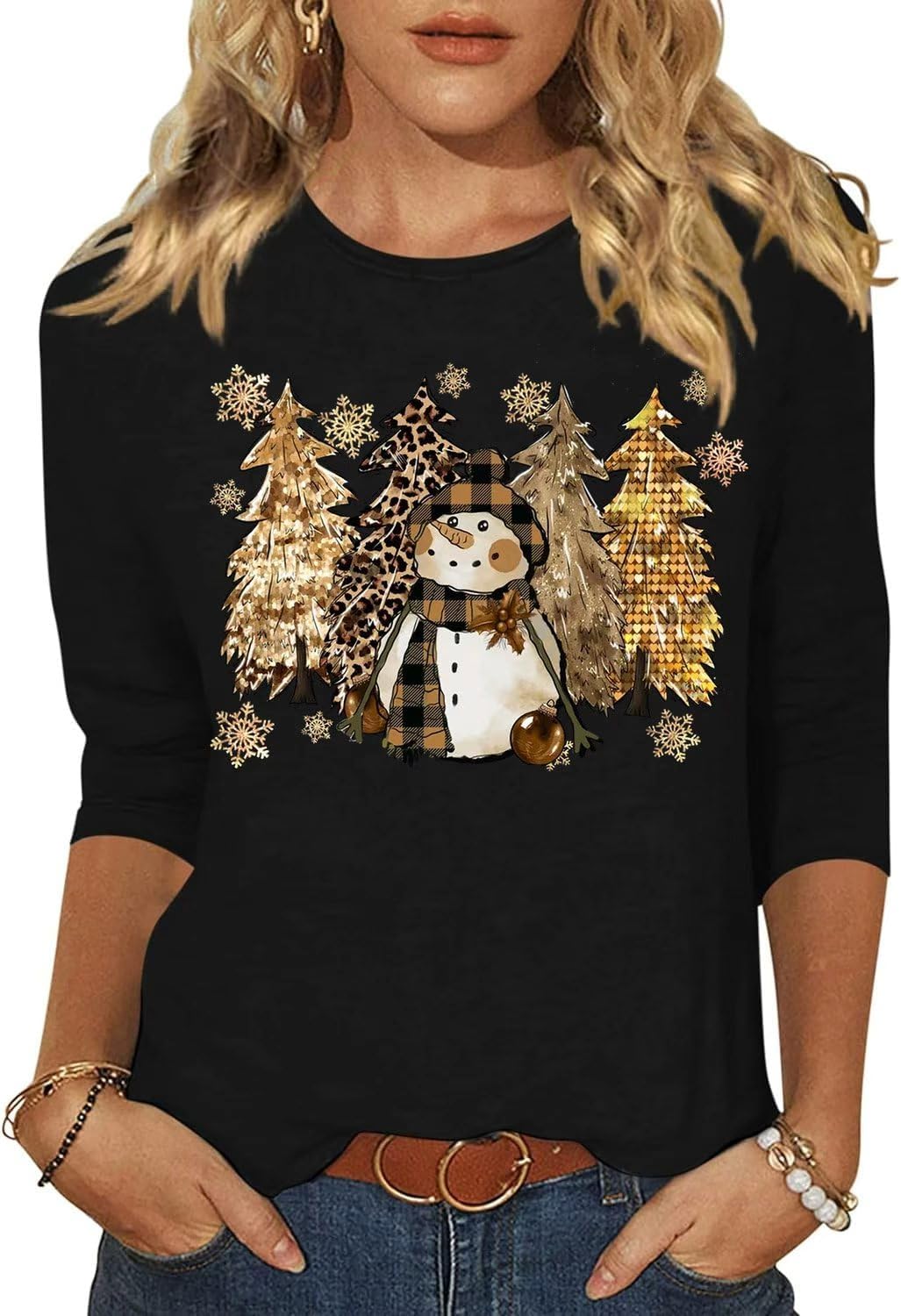 Vircreate Womens 3/4 Sleeve Crew Neck Christmas T-Shirts Merry Christmas Leopard Plaid Tree Graphic Tee Tops