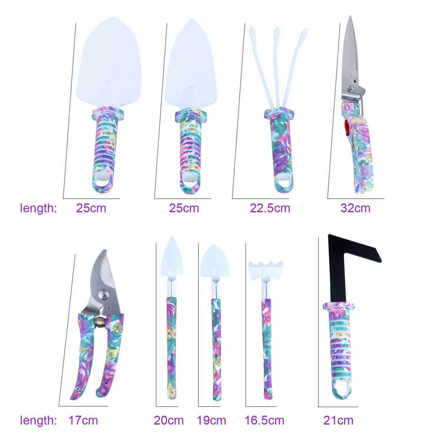 Coolty Gartengeräte Set, 10 Stück Gartenhandwerkzeuge mit lila Blumendruck Ergonomischer Griff Schaufel Spaten Rechen Egge Kelle Gartenschere Sprayer mit Tragetasche Gartengeschenke