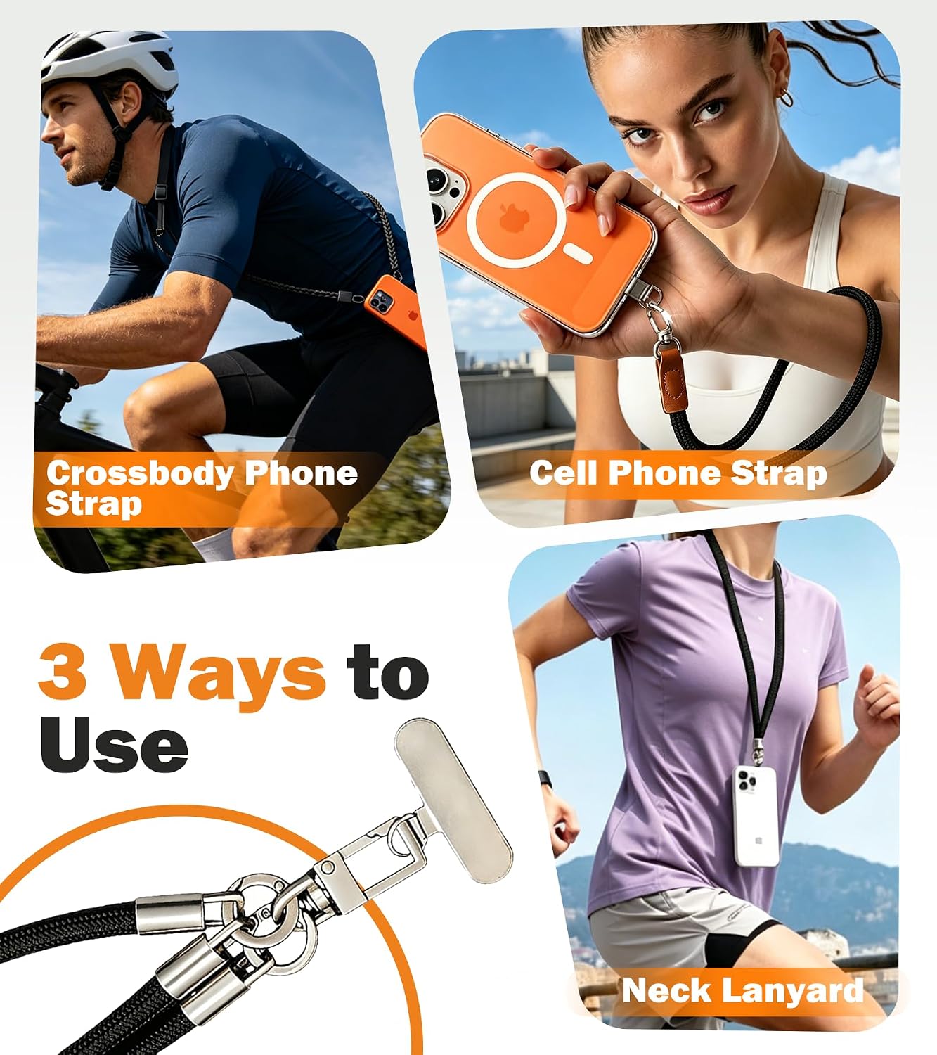 3-in-1 Phone Lanyard Set, Anti Theft Crossbody Strap + Wrist Lanyard, Comfortable Skin-Friendly Neck Wrist Carrying, Premium Metal Buckles, Includes Phone Tab and Short Cord