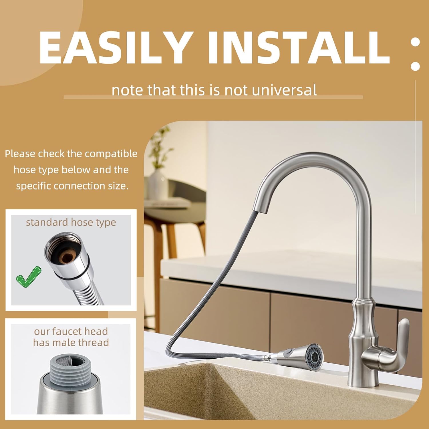 Angle Simple Kitchen Faucet Head Replacement, G 1/2 or 13/16 Inch Male Thread Connector, Tested to NSF/ANSI/CAN 61 & 372, Sink Sprayer Attachment, Stream and Spray Mode, Brushed Nickel