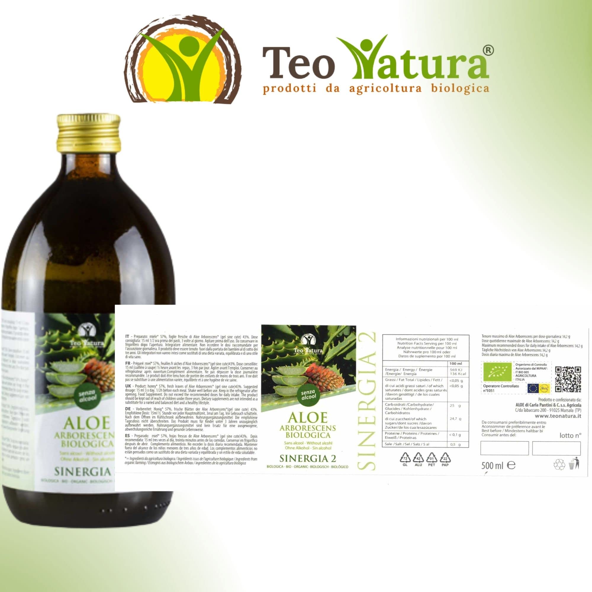 Teo Natura Synergie 2 – Trinkergänzungsmittel – Rezept von Padre Zago (ohne Alkohol) mit Aloe Arborescens und Bio-Honig – 1,5 l (3er-Pack)