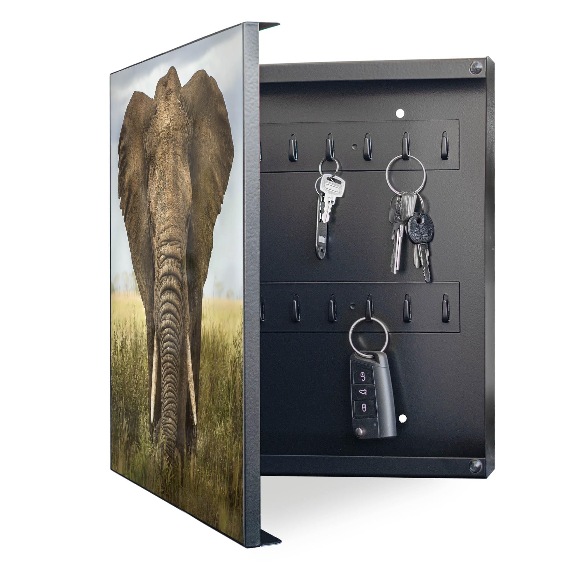 banjado Großer Schlüsselkasten Metall - Schlüsselbox 30x30cm beschreibbarer mit 32 Haken - Schlüsselkasten modern für Schlüsselaufbewahrung - Korpus Schwarz Scharnier Links - Motiv Korbinian