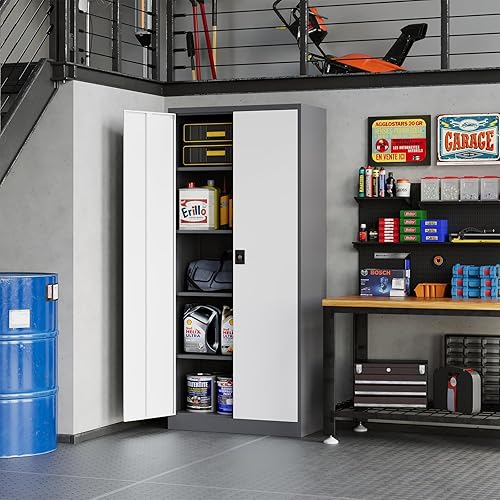 Vista 106 de MIIIKO Armario de almacenamiento de metal con puertas de bloqueo, armarios de acero con cerradura de garaje negro con 4 puertas y 5 estantes