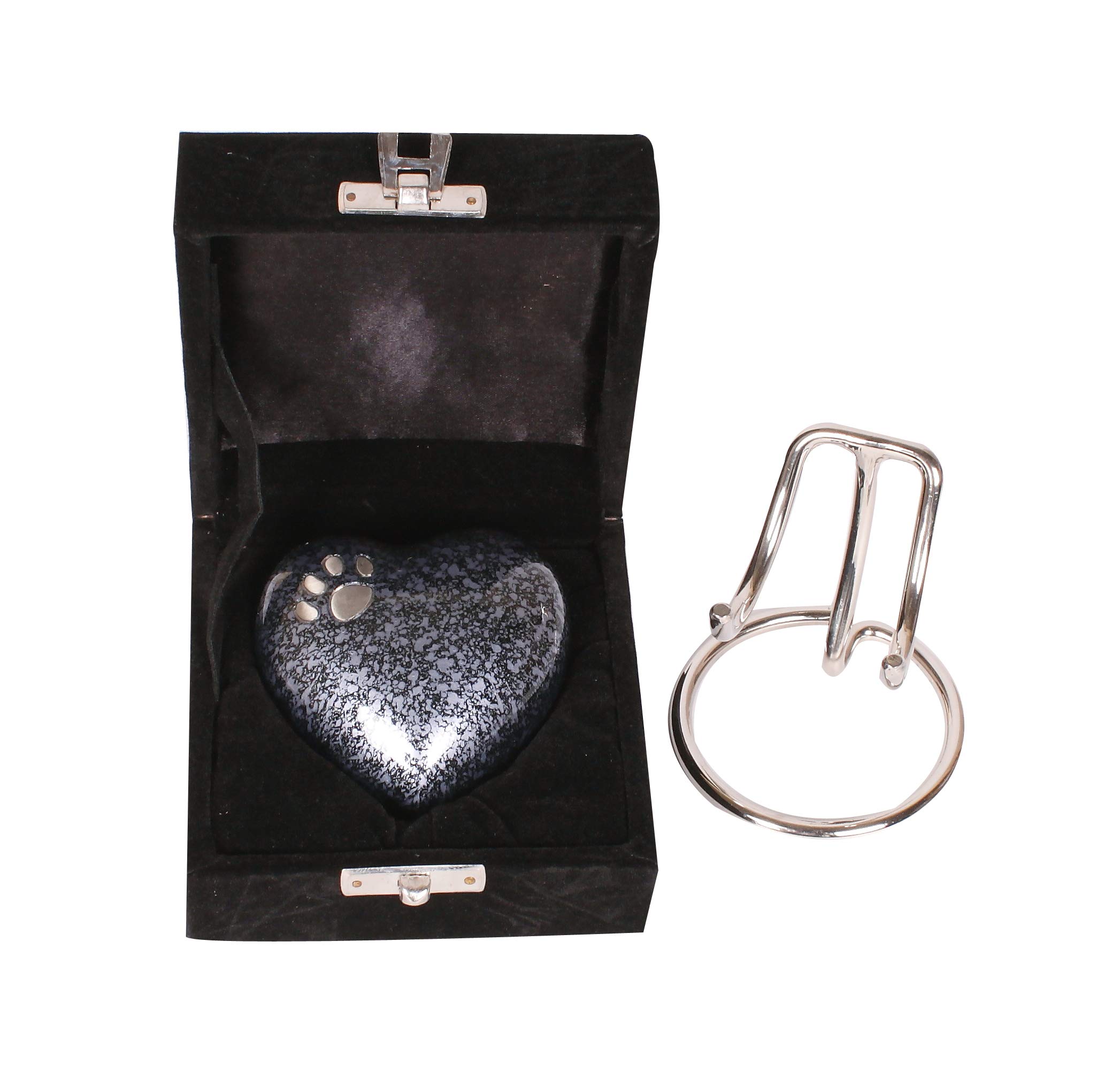 Small Keepsake Heart Cremation Urn For Ashes With New Improved Lid, Mini Heart Memorial Urn With Box & Stand (Pet Grey & Silver)