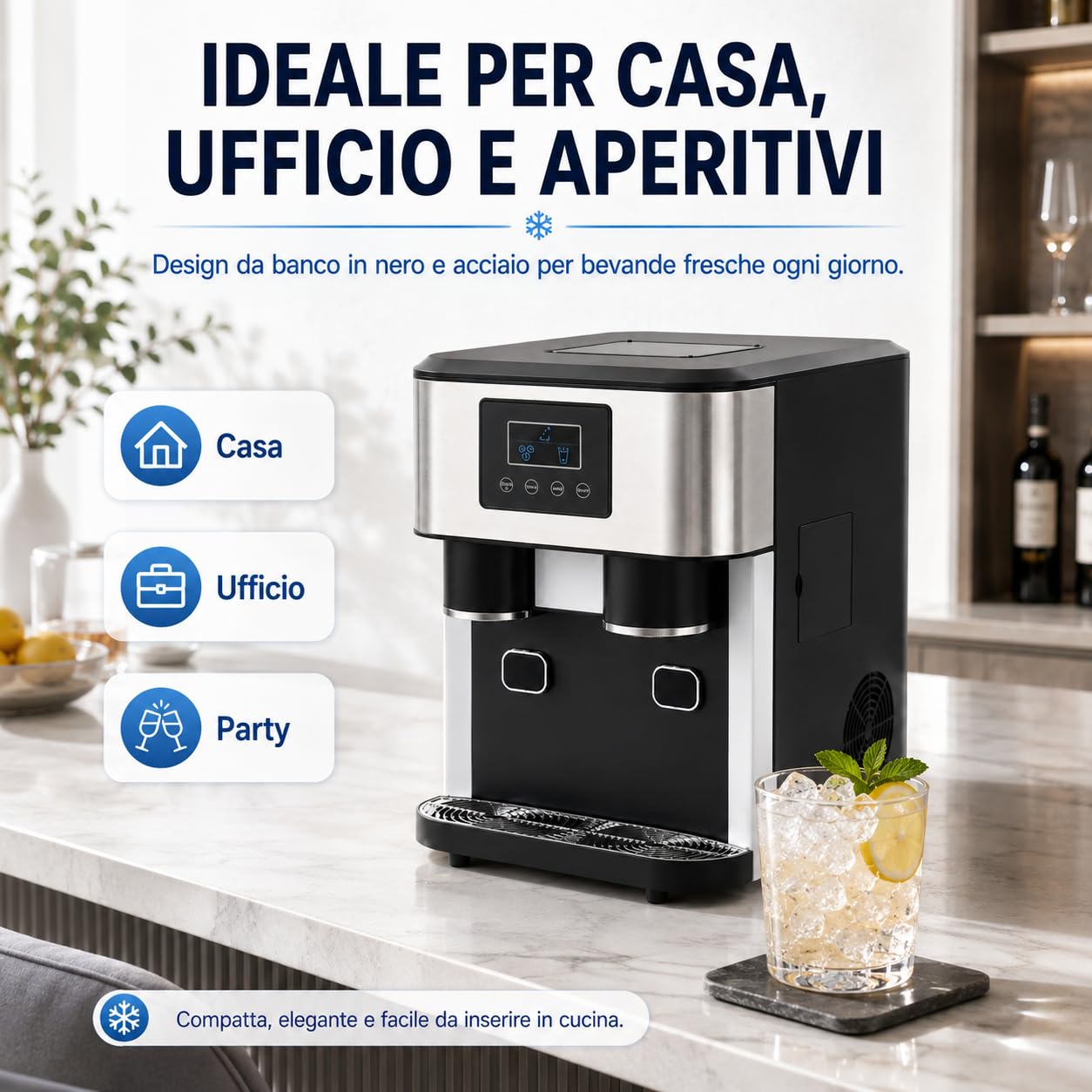 Macchina per il ghiaccio 3 in 1 con tritaghiaccio e acqua fredda, in acciaio inox per la casa, 16 cubetti in 7-9 minuti, robot da cucina compatto