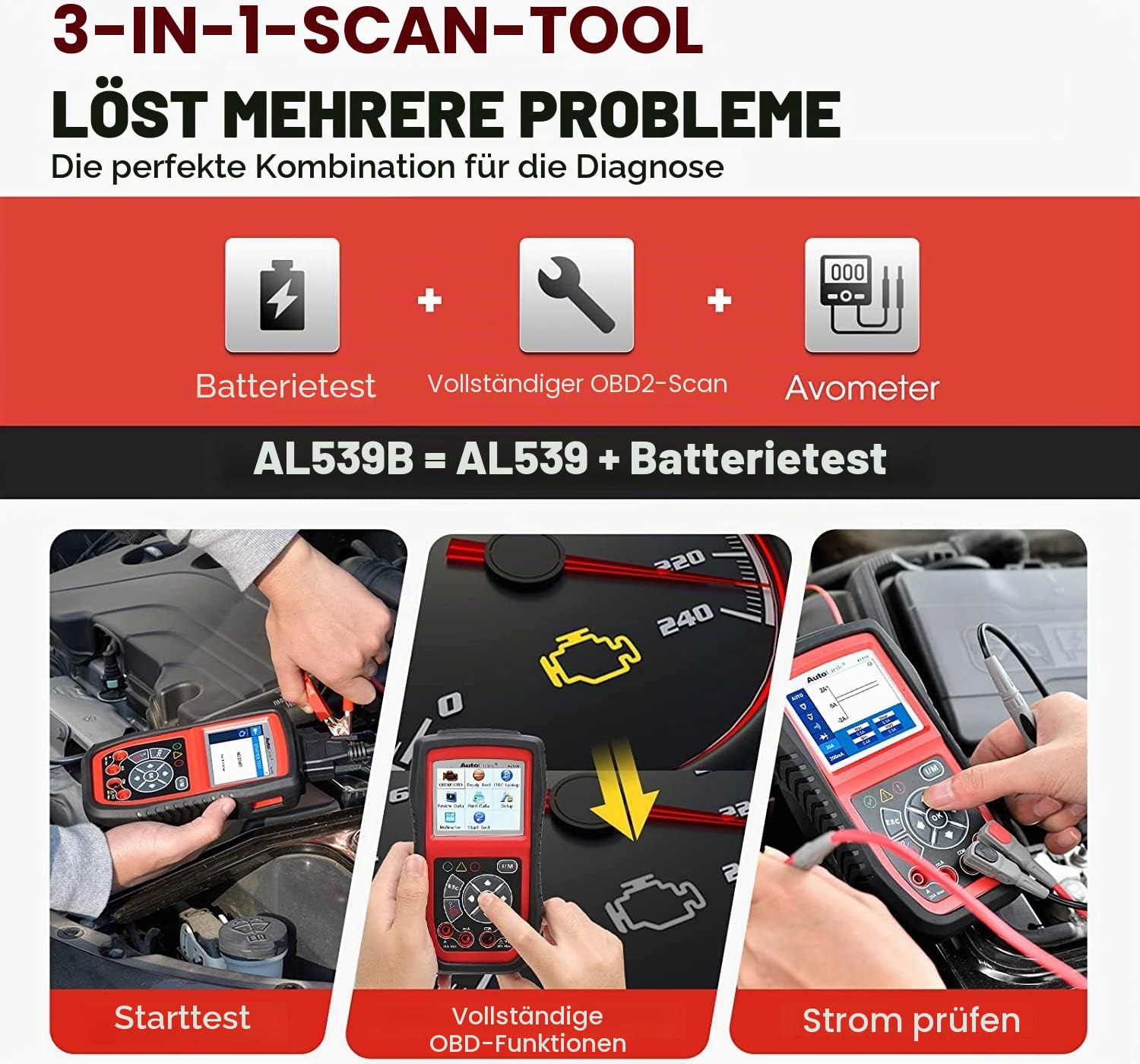 Autel Diagnosewerkzeuge Diagnosegerät OBDII Fehlercode Scanner, Auto Code Leser, Fahrzeug Code Reader Druck durch PC, unterstüzt Batterie-Tester, AL539B