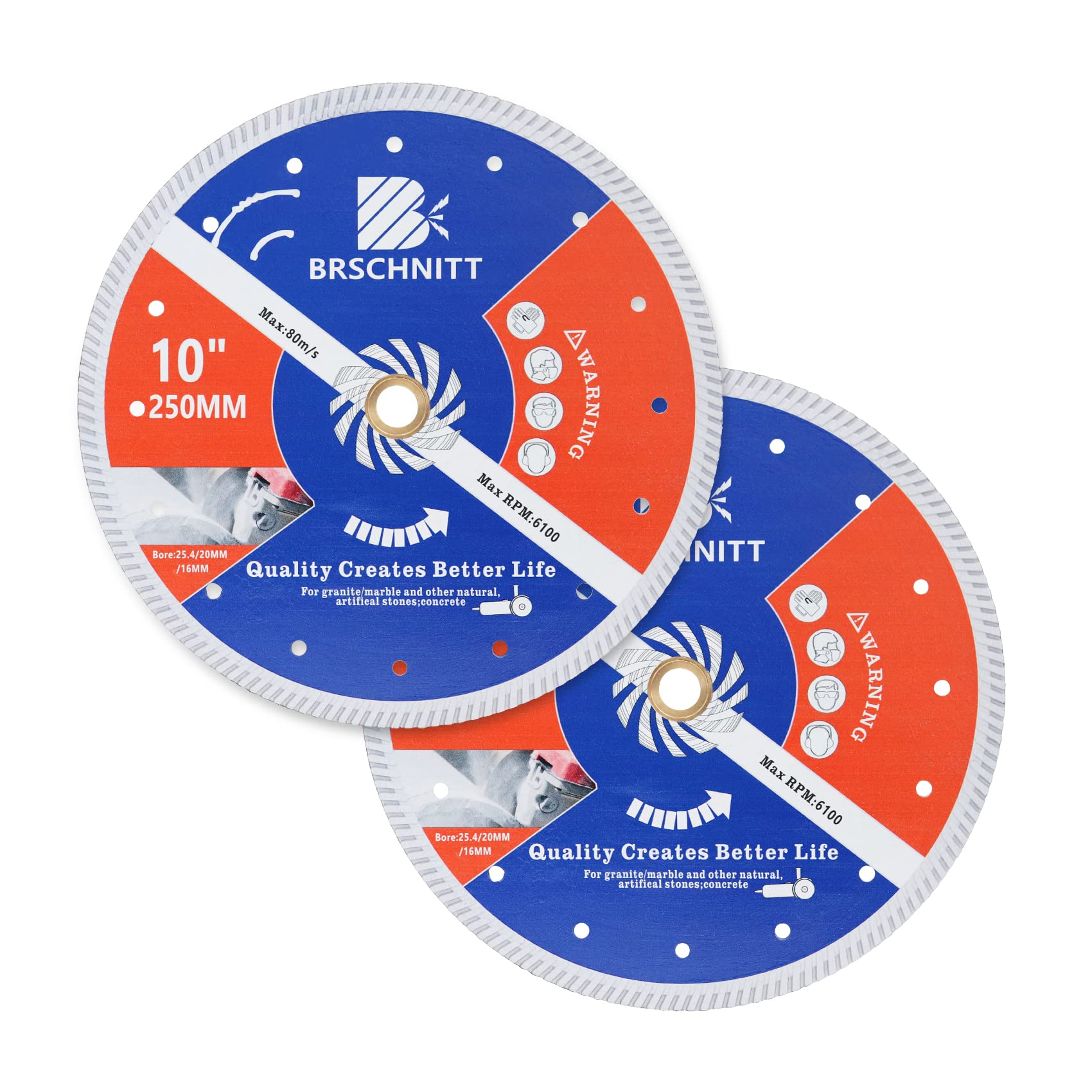 BRSCHNITT Diamond Blade for Concrete Masonry,2pcs 250mm with Arbor 25.4mm-20mm-16mm Dry/Wet Continuous Rim Diamond Cutting Disc for Granite Marble Stone Hard Concrete Reinforced Concrete