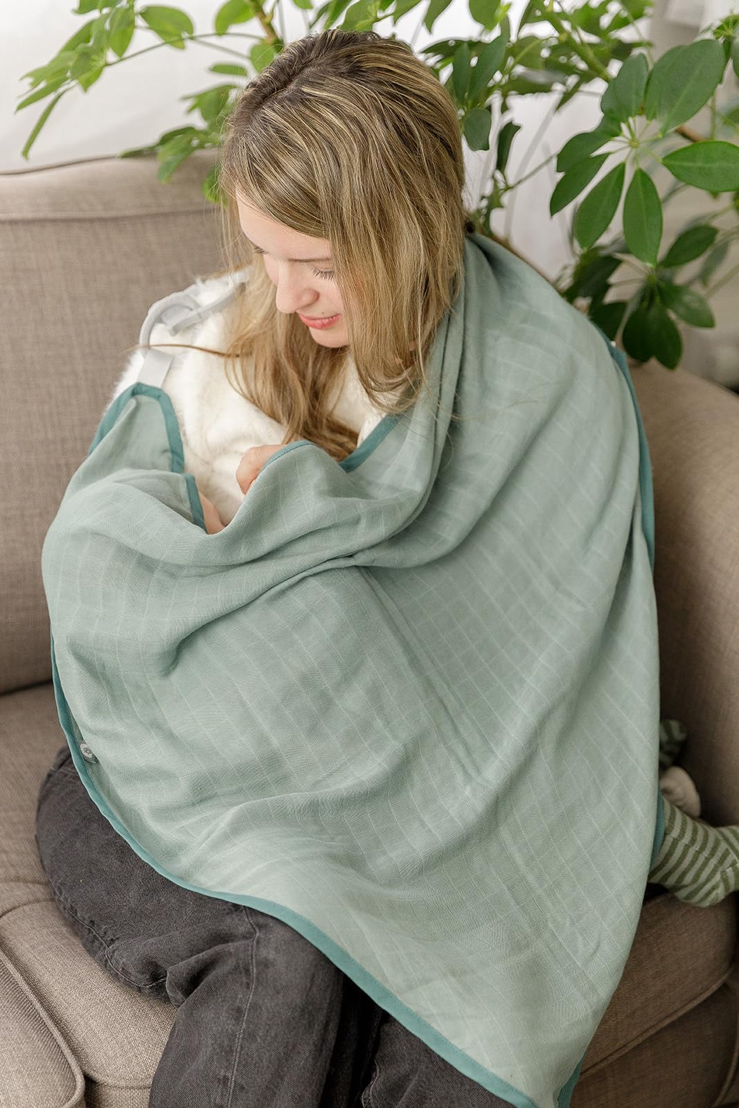 Cheeky Chompers 6-in-1 Baby Breastfeeding Cover | Breathable Soft Muslin | Nursing Cover, Swaddle Blanket, Teether, Pram Cover & More | Newborn Changing Bag Essential (Sage Green)